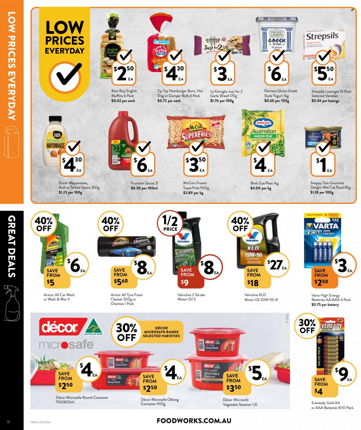 thumbnail - Foodworks Catalogue - 23 Nov 2022 - 29 Nov 2022 - Sales products - bread, english muffins, Tip Top, buns, burger buns, peas, hot dog, sauce, Bird's Eye, yoghurt, McCain, potato fries, ZoOsh, oil, cleaner, container, battery, Varta, AAA batteries, Eveready, animal food, cat food, wet cat food, Strepsils. Page 16.