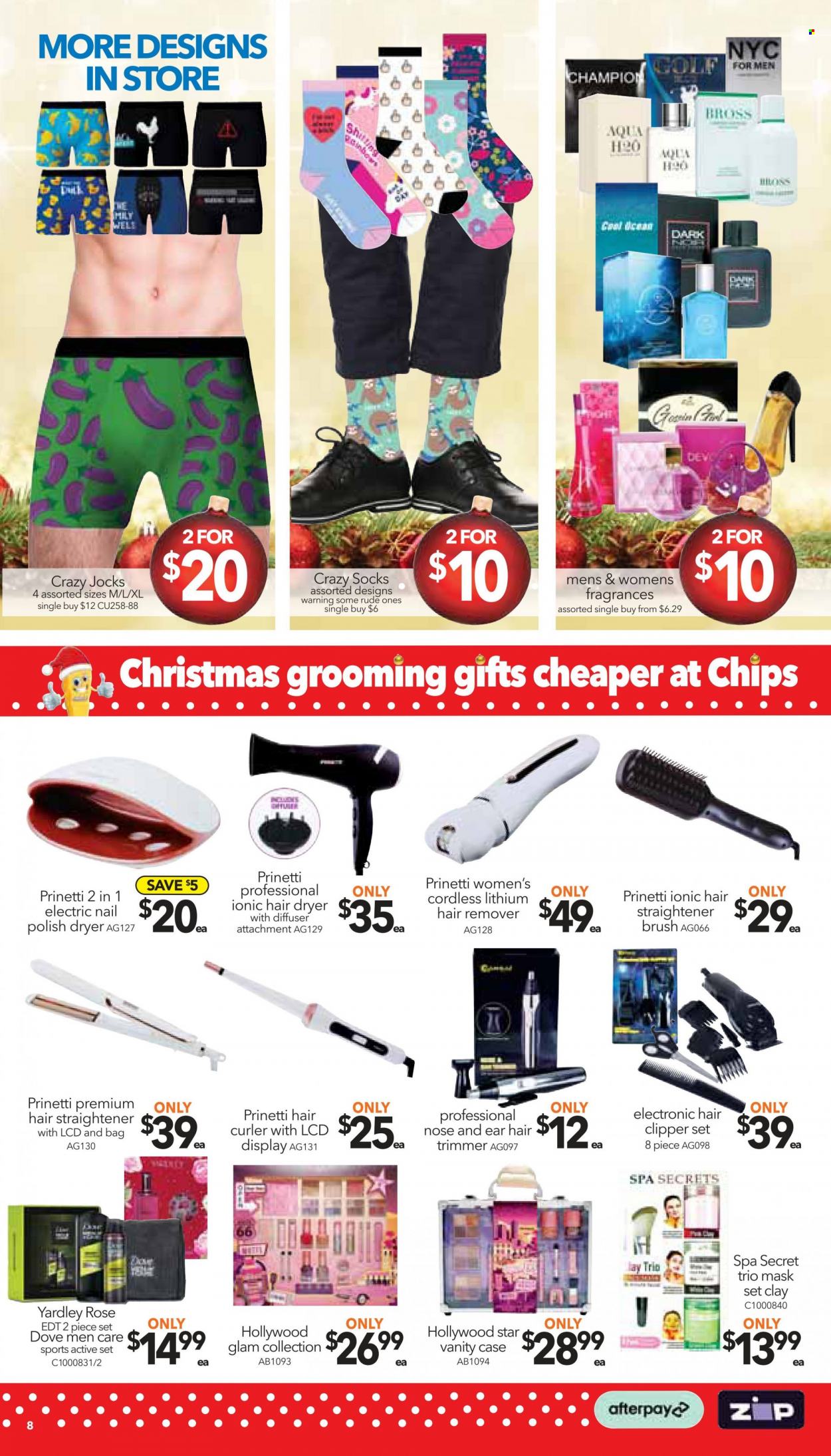 thumbnail - Cheap as Chips Catalogue - 23 Nov 2022 - 29 Nov 2022 - Sales products - vanity, Dove, eau de toilette, Yardley, diffuser, Prinetti, trimmer, hair clipper, hair dryer, straightener, ionic hair dryer, polish, rose. Page 8.