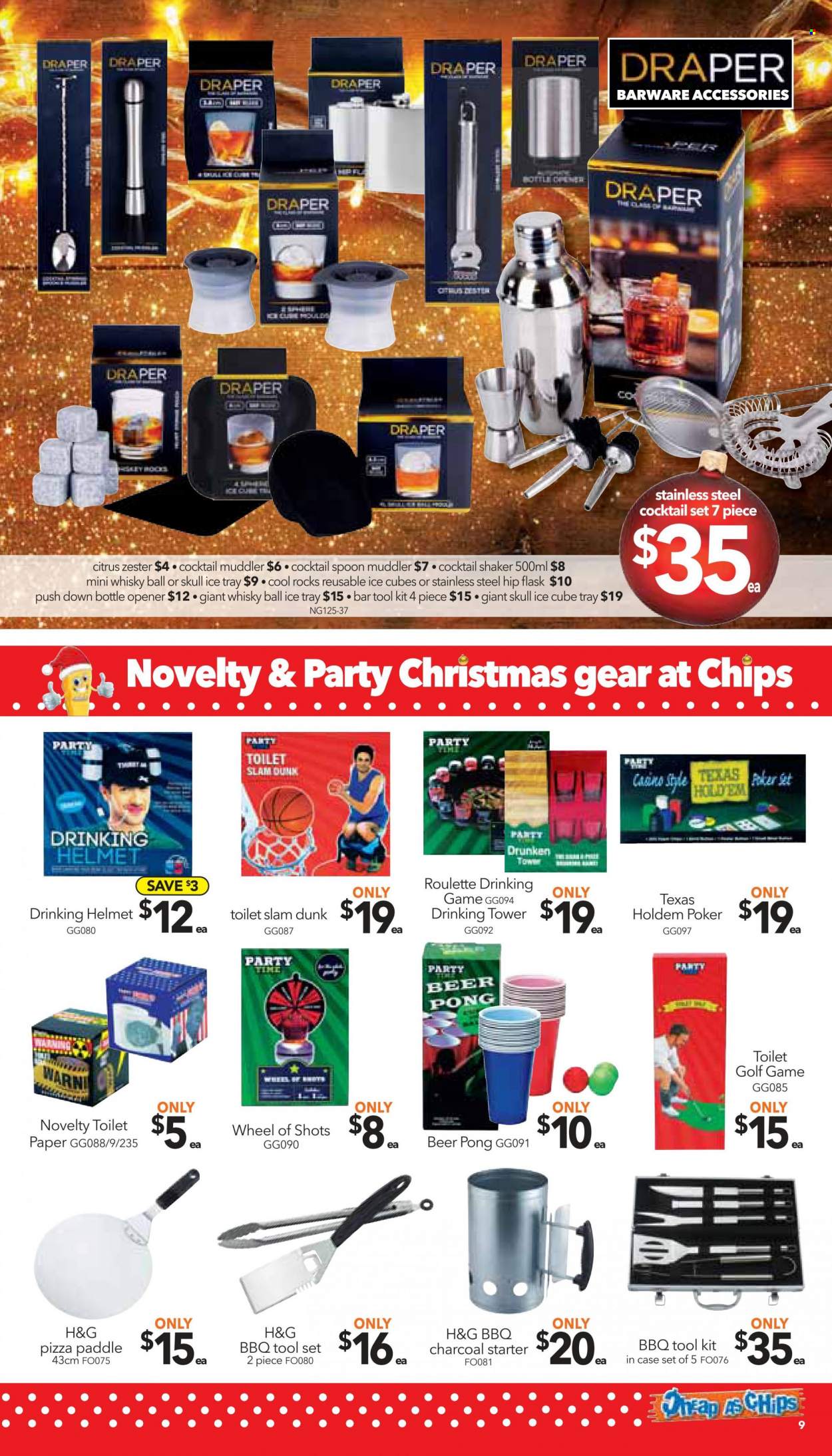 thumbnail - Cheap as Chips Catalogue - 23 Nov 2022 - 29 Nov 2022 - Sales products - toilet paper, barware, spoon, tray, shaker, bottle opener, ice tray, helmet, tool set, charcoal, starter. Page 9.