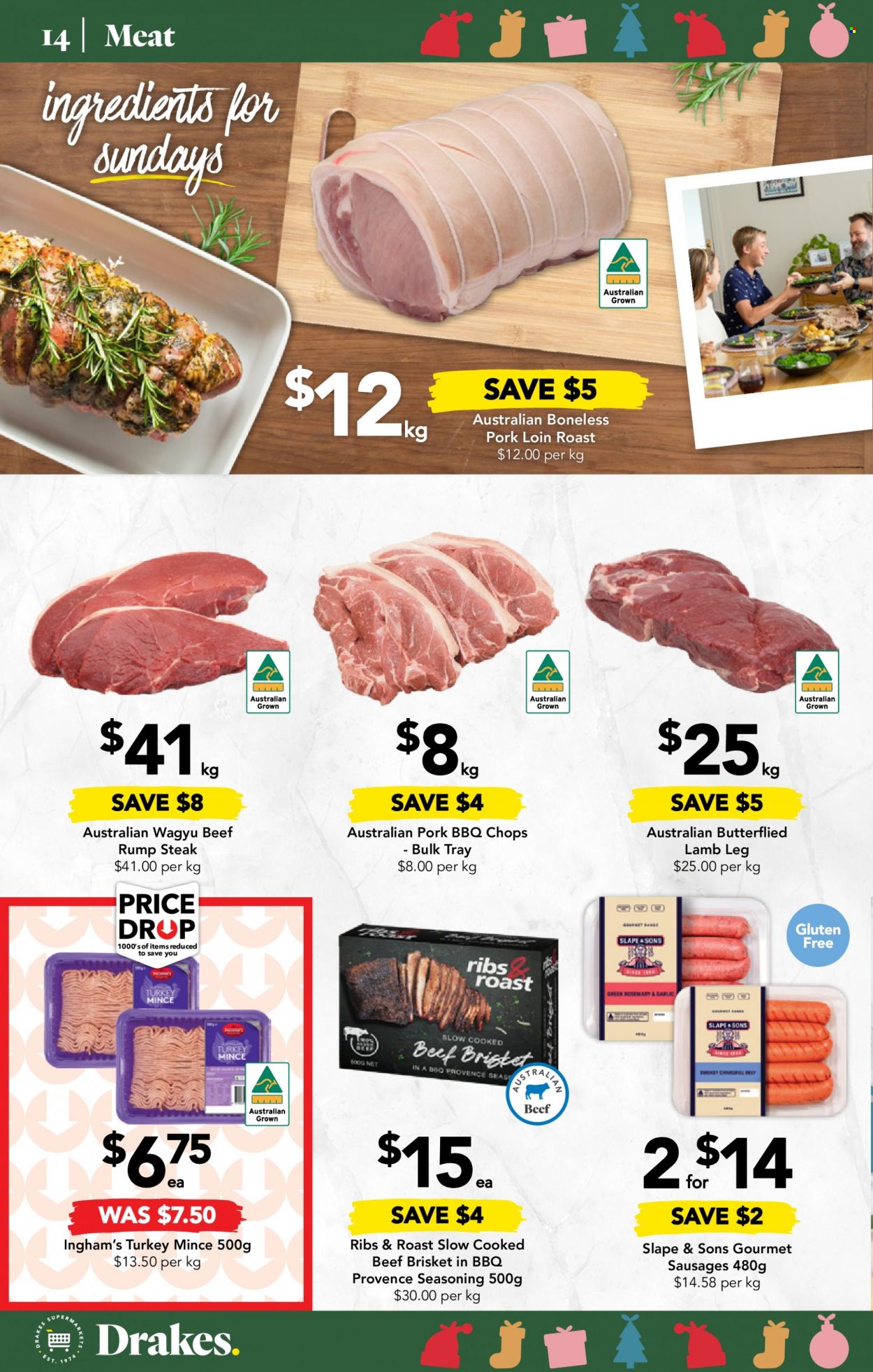 thumbnail - Drakes Catalogue - 23 Nov 2022 - 29 Nov 2022 - Sales products - sausage, rosemary, spice, ground turkey, beef meat, steak, rump steak, beef brisket, pork loin, pork meat, lamb meat, lamb leg. Page 14.
