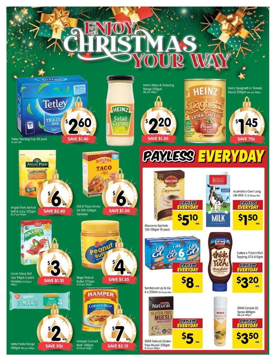 thumbnail - SPAR Catalogue - 23 Nov 2022 - 29 Nov 2022 - Sales products - Old El Paso, spaghetti, pasta, dinner kit, hamper, milk, long life milk, mayonnaise, salad cream, chocolate, topping, Heinz, muesli, dressing, canola oil, oil, peanut butter, tea bags, cappuccino, Moccona, cup. Page 10.