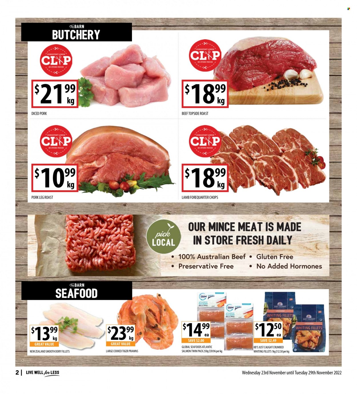 thumbnail - Supabarn Catalogue - 23 Nov 2022 - 29 Nov 2022 - Sales products - salmon, seafood, prawns, whiting fillets, whiting, pork meat, pork leg. Page 2.