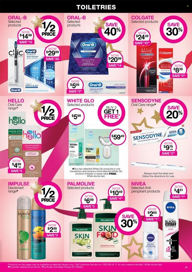 thumbnail - Priceline Pharmacy Catalogue - 23 Nov 2022 - 8 Dec 2022 - Sales products - Nivea, Palmolive, Colgate, Oral-B, Sensodyne, anti-perspirant, deodorant. Page 23.
