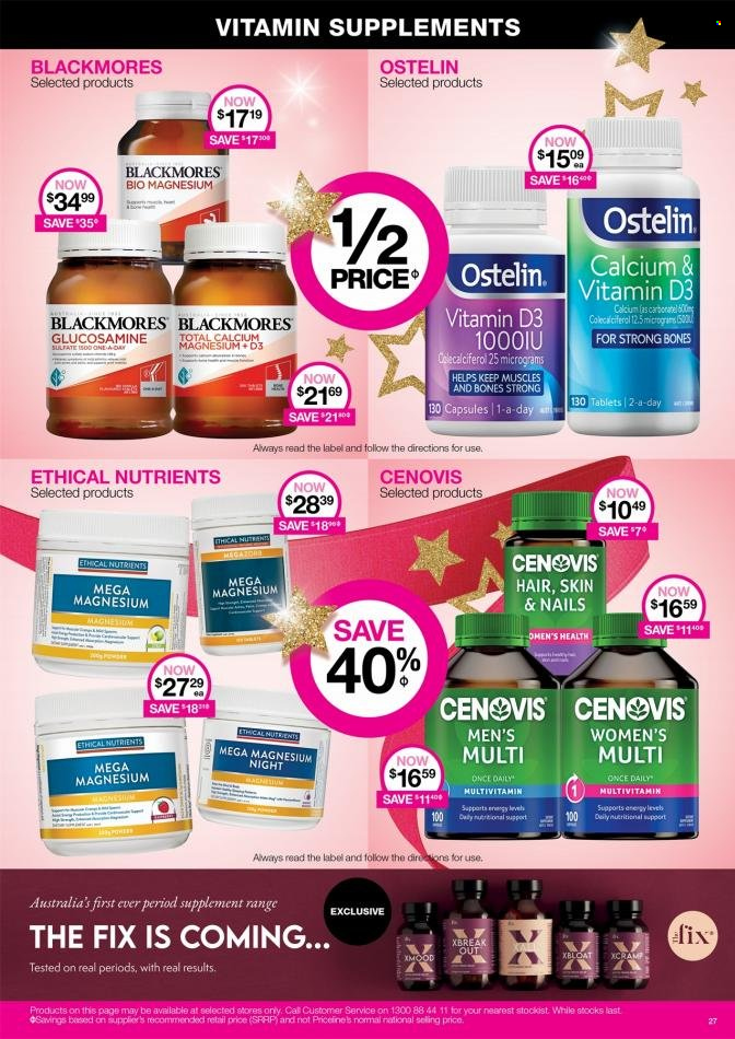 thumbnail - Priceline Pharmacy Catalogue - 23 Nov 2022 - 8 Dec 2022 - Sales products - calcium, glucosamine, magnesium, multivitamin, Cenovis, vitamin D3, Ostelin, Blackmores, Ethical Nutrients. Page 27.