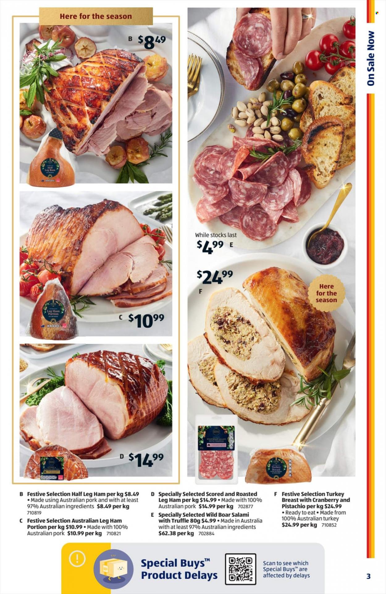 thumbnail - ALDI Catalogue - 30 Nov 2022 - 6 Dec 2022 - Sales products - boar meat, salami, ham, leg ham, truffles, turkey breast. Page 3.