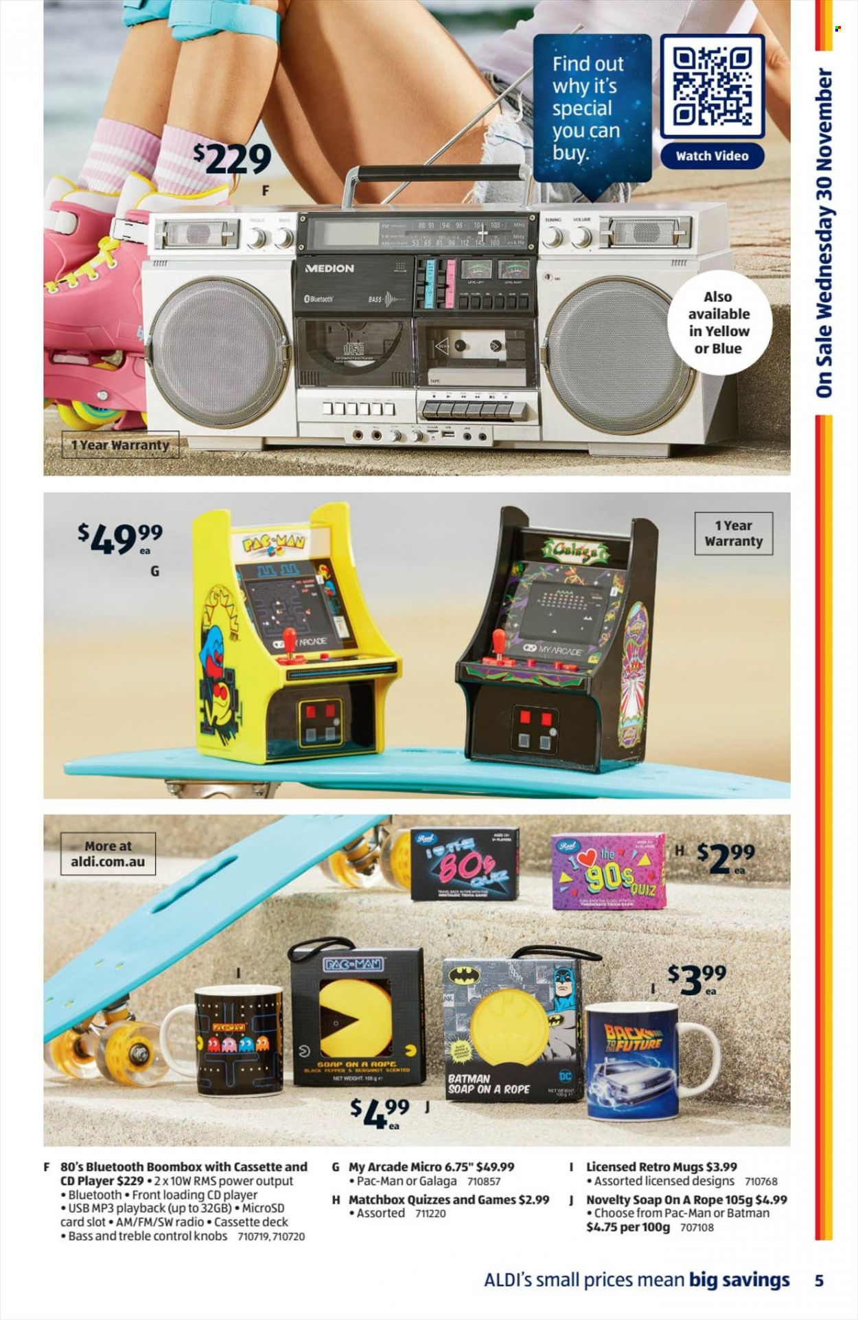 thumbnail - ALDI Catalogue - 30 Nov 2022 - 6 Dec 2022 - Sales products - Batman, soap, radio, cd player, Matchbox. Page 5.