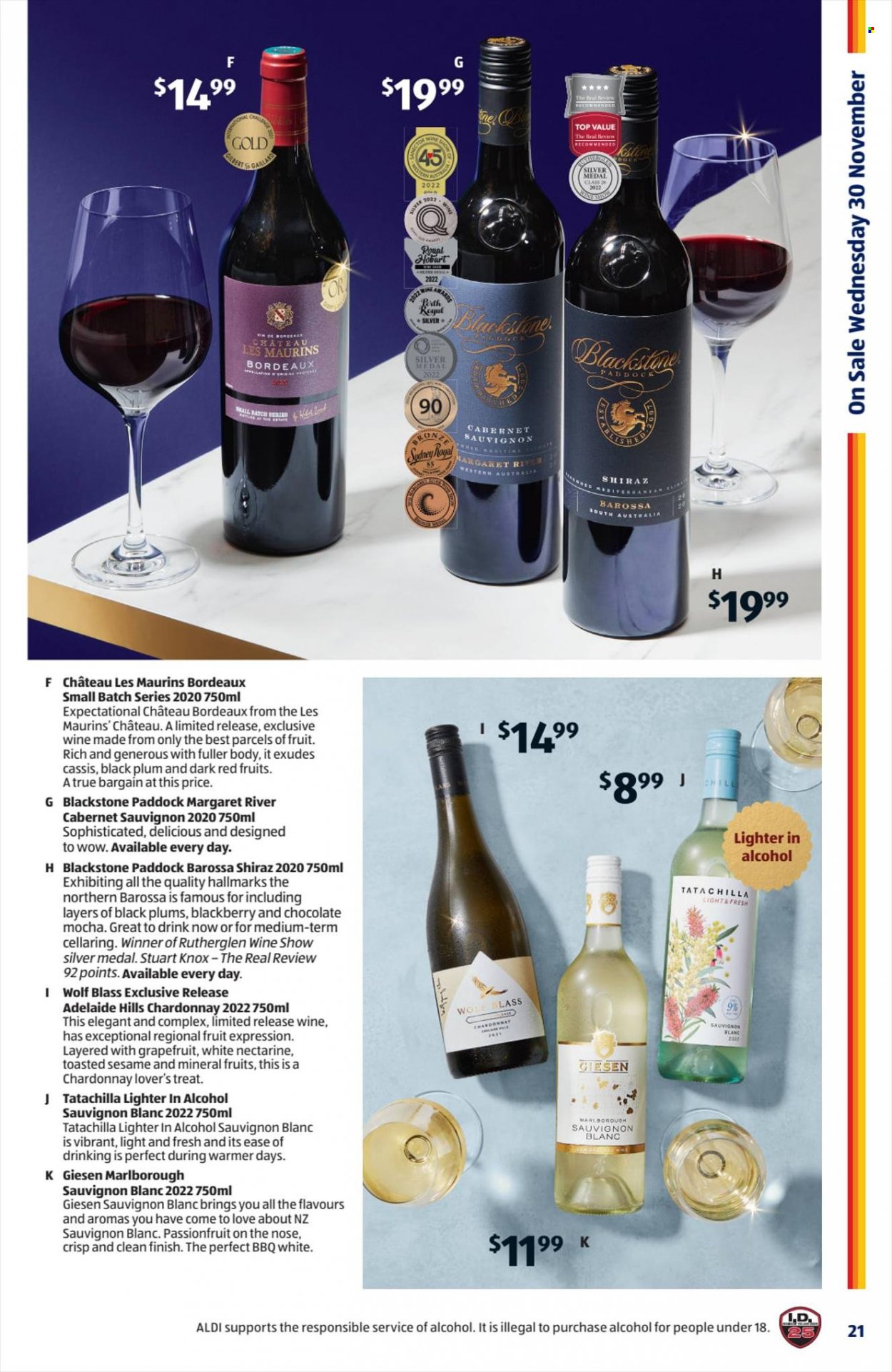 thumbnail - ALDI Catalogue - 30 Nov 2022 - 6 Dec 2022 - Sales products - grapefruits, nectarines, plums, black plums, Cabernet Sauvignon, red wine, white wine, Chardonnay, wine, Shiraz, Sauvignon Blanc, Ron Pelicano, Gilbert, Hill's. Page 21.