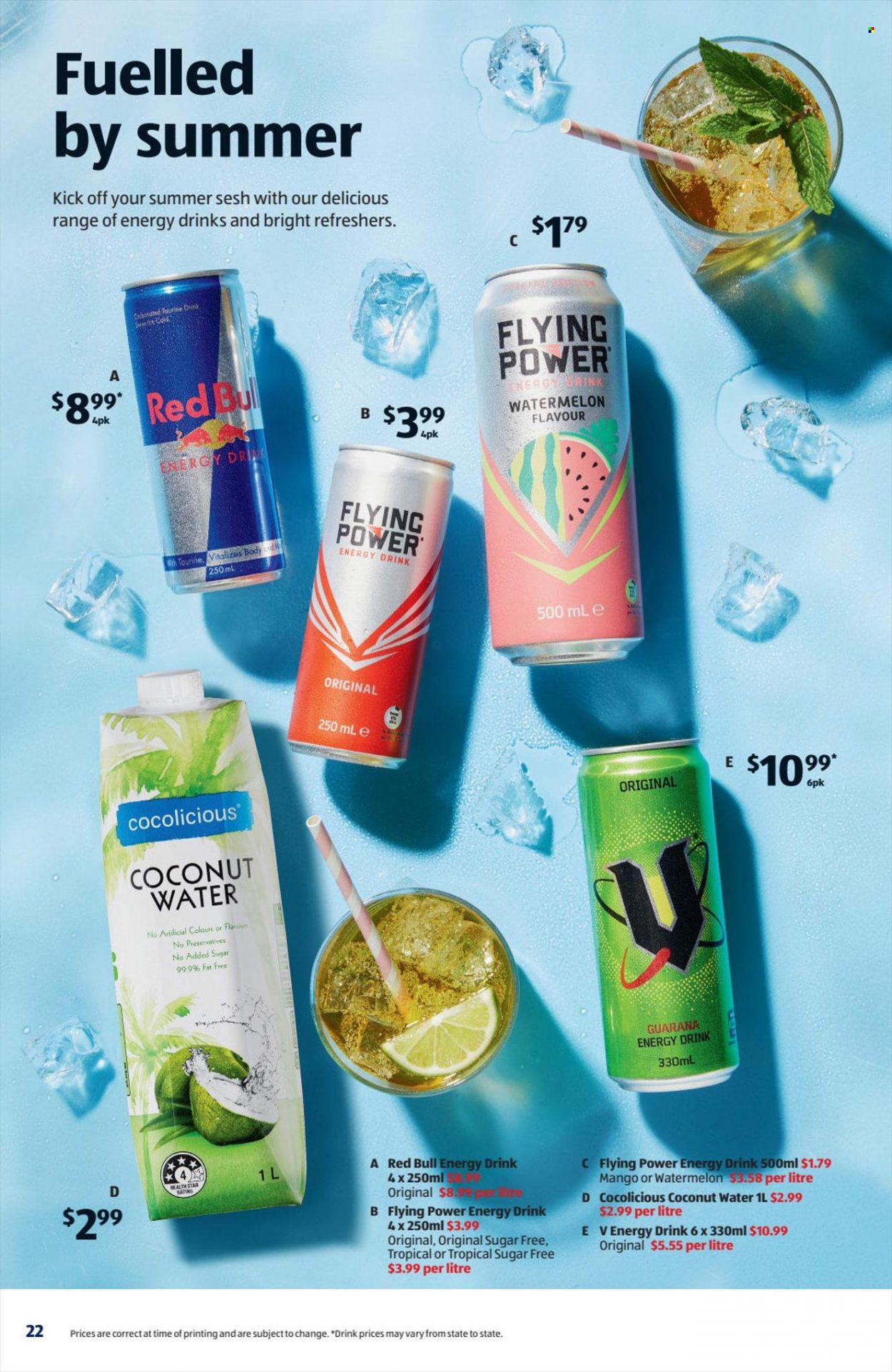 thumbnail - ALDI Catalogue - 30 Nov 2022 - 6 Dec 2022 - Sales products - mango, watermelon, cod, energy drink, coconut water, Red Bull, Rin. Page 22.