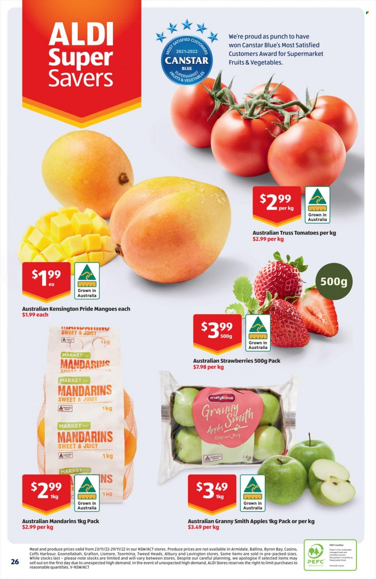 thumbnail - ALDI Catalogue - 30 Nov 2022 - 6 Dec 2022 - Sales products - tomatoes, mandarines, mango, strawberries, apples, Granny Smith, punch. Page 26.