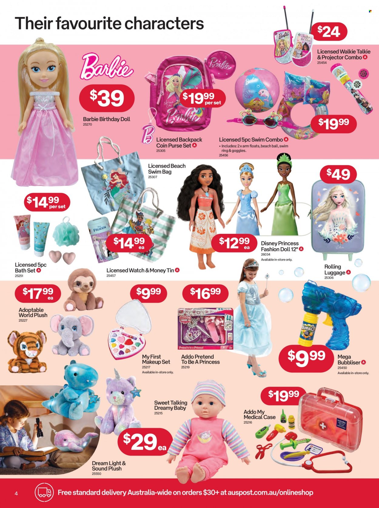 thumbnail - Australia Post Catalogue - 28 Nov 2022 - 24 Dec 2022 - Sales products - Barbie, Disney, bag, projector, doll, princess. Page 4.