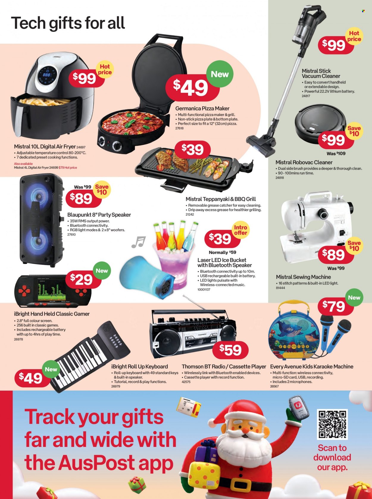 thumbnail - Australia Post Catalogue - 28 Nov 2022 - 24 Dec 2022 - Sales products - plate, rechargeable battery, keyboard, memory card, Thomson, radio, speaker, bluetooth speaker, vacuum cleaner, air fryer, sewing machine, LED light. Page 6.