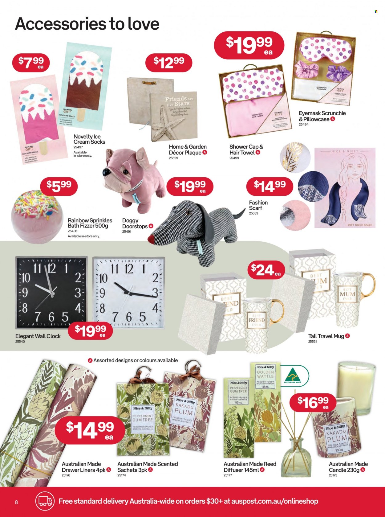 thumbnail - Australia Post Catalogue - 28 Nov 2022 - 24 Dec 2022 - Sales products - clock, mug, travel mug, candle, diffuser, pillowcase, towel, hair turban, mouse. Page 8.