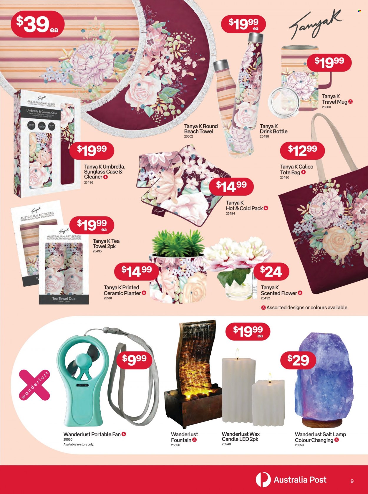 thumbnail - Australia Post Catalogue - 28 Nov 2022 - 24 Dec 2022 - Sales products - mug, drink bottle, travel mug, bag, tea towels, beach towel, lamp, salt lamp. Page 9.