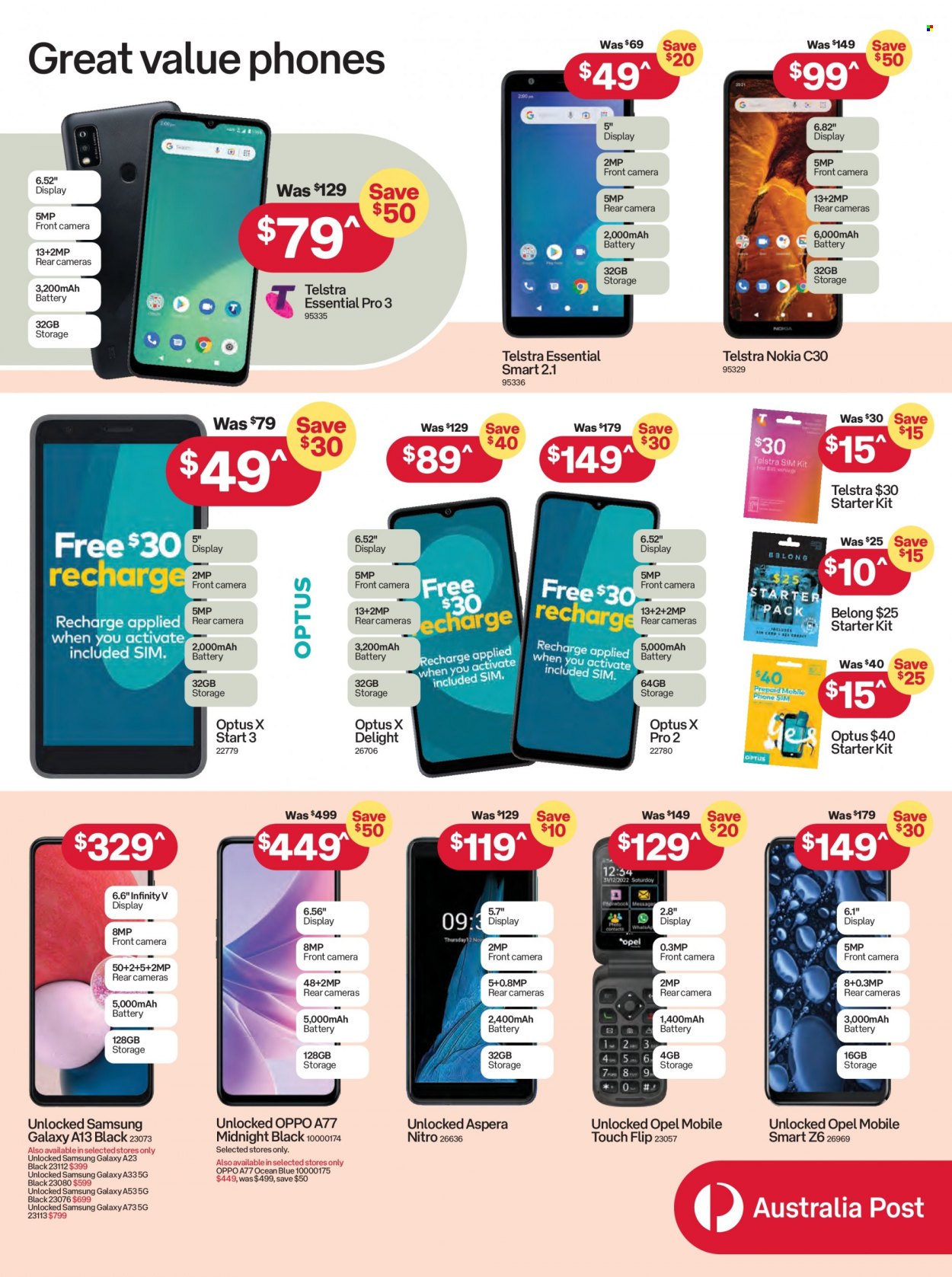 thumbnail - Australia Post Catalogue - 28 Nov 2022 - 24 Dec 2022 - Sales products - Samsung Galaxy, Infinity, Samsung, Nokia, Oppo, phone, cell phone, Optus, Aspera. Page 12.