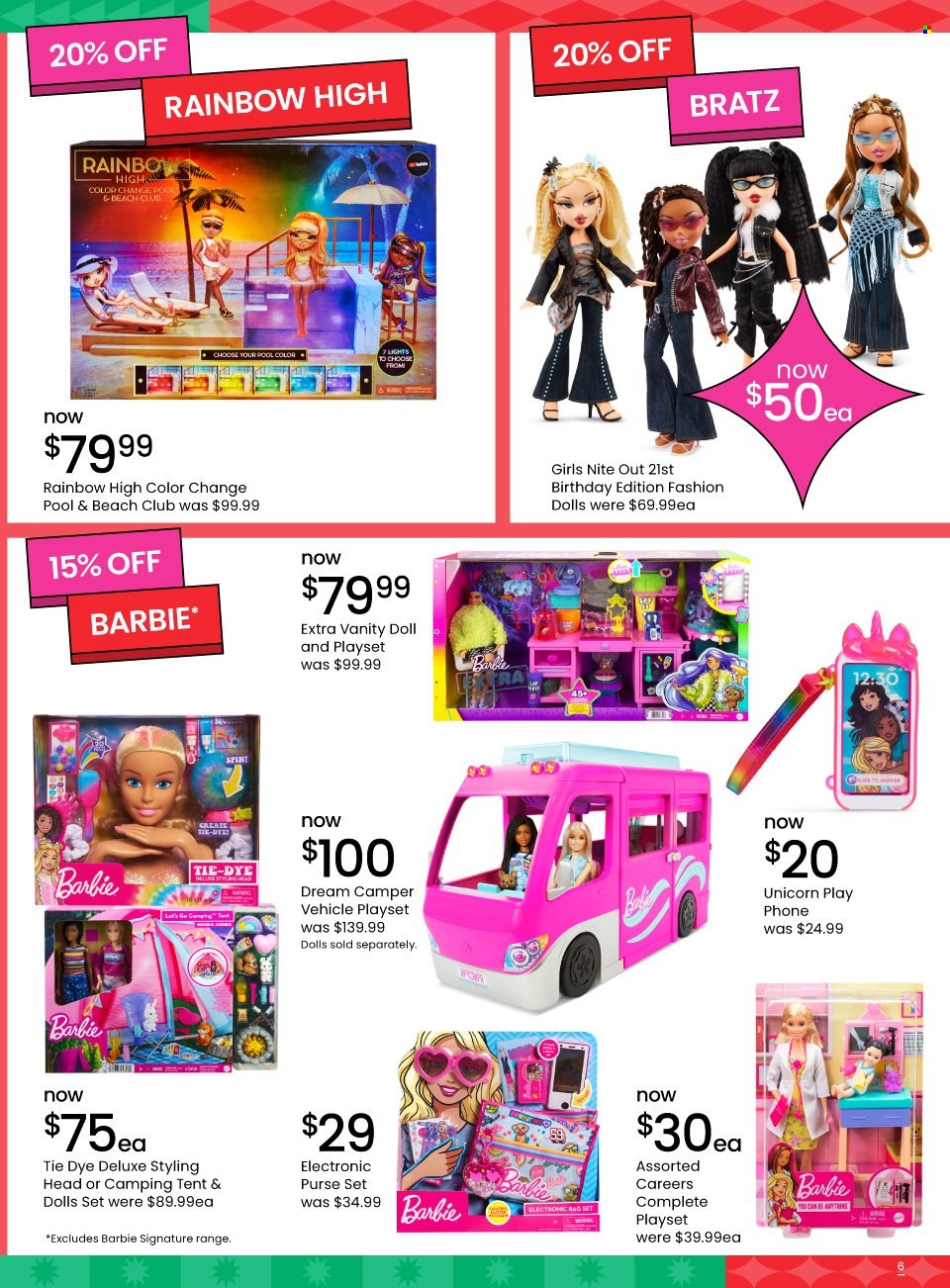 thumbnail - Myer Catalogue - 28 Nov 2022 - 24 Dec 2022 - Sales products - Barbie, bag, doll, vanity, play set, styling head, vehicle, Bratz. Page 6.