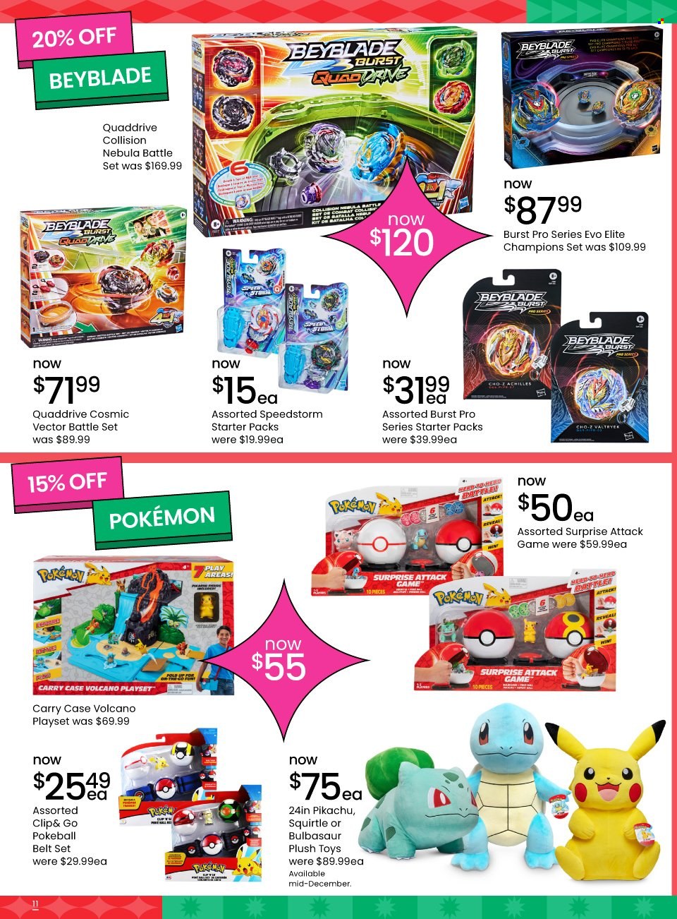thumbnail - Myer Catalogue - 28 Nov 2022 - 24 Dec 2022 - Sales products - cup, Pokémon, Pikachu, belt, play set, toys, BeyBlade. Page 11.