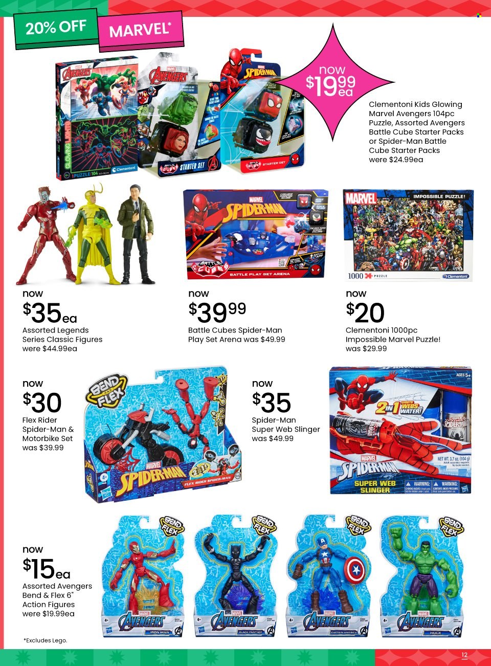 thumbnail - Myer Catalogue - 28 Nov 2022 - 24 Dec 2022 - Sales products - Spiderman, pin, LEGO, play set, puzzle, Avengers, Clementoni. Page 12.