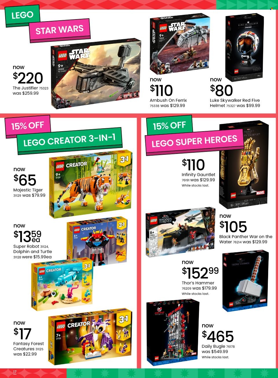 thumbnail - Myer Catalogue - 28 Nov 2022 - 24 Dec 2022 - Sales products - Infinity, hat, LEGO, LEGO Creator, LEGO Star Wars, robot, hammer, Super Heroes, LEGO Super Heroes. Page 17.