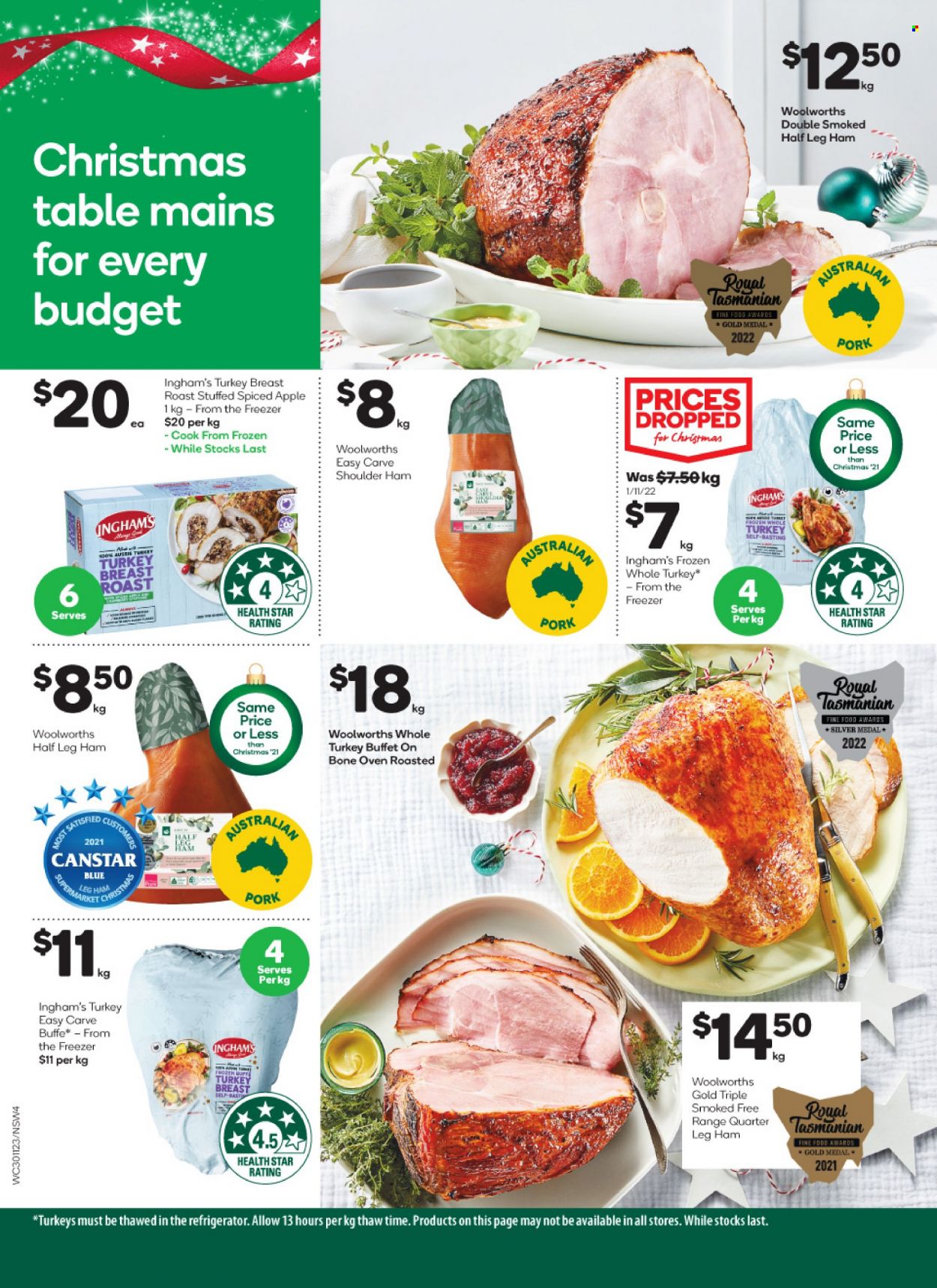 thumbnail - Woolworths Catalogue - 30 Nov 2022 - 6 Dec 2022 - Sales products - ham, leg ham, turkey breast, whole turkey, table. Page 4.