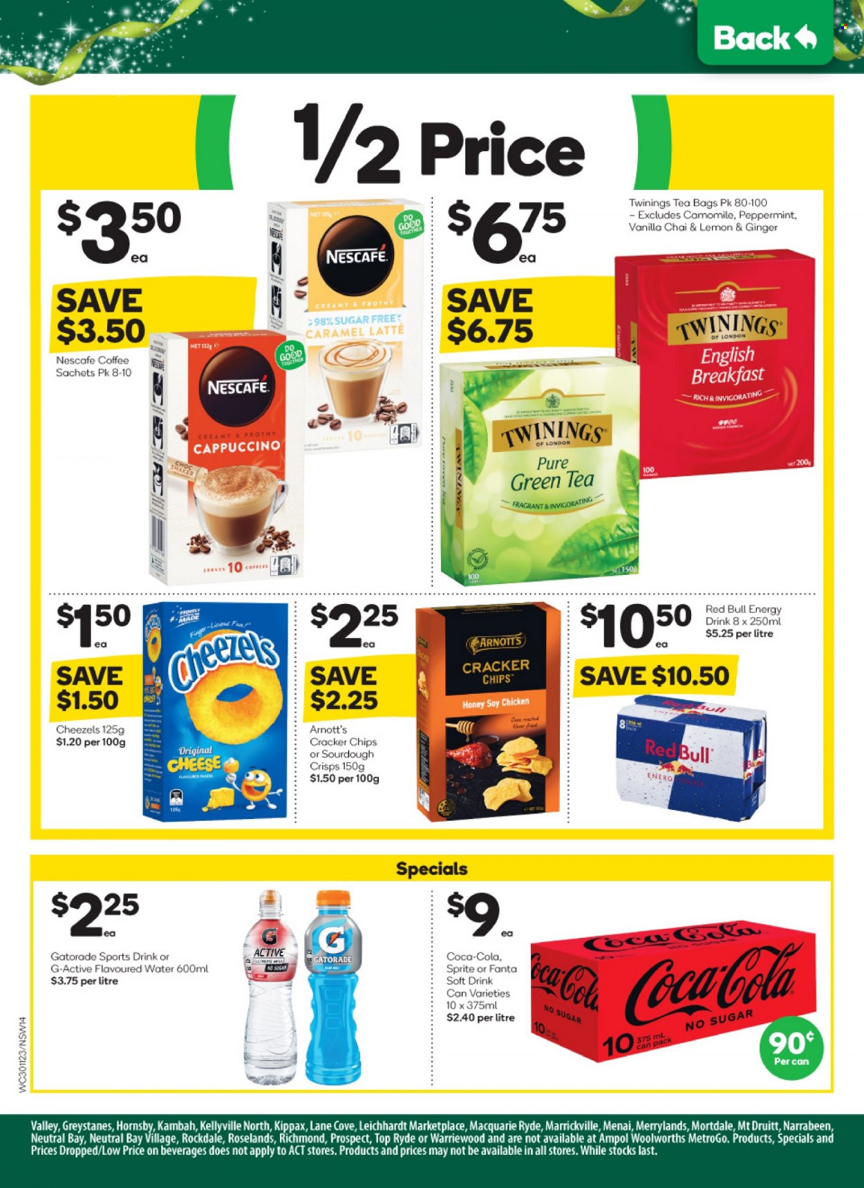 thumbnail - Woolworths Catalogue - 30 Nov 2022 - 6 Dec 2022 - Sales products - cheese, crackers, chips, honey, Coca-Cola, Sprite, energy drink, Fanta, soft drink, Red Bull, Gatorade, green tea, tea bags, Twinings, cappuccino, coffee, Nescafé. Page 14.