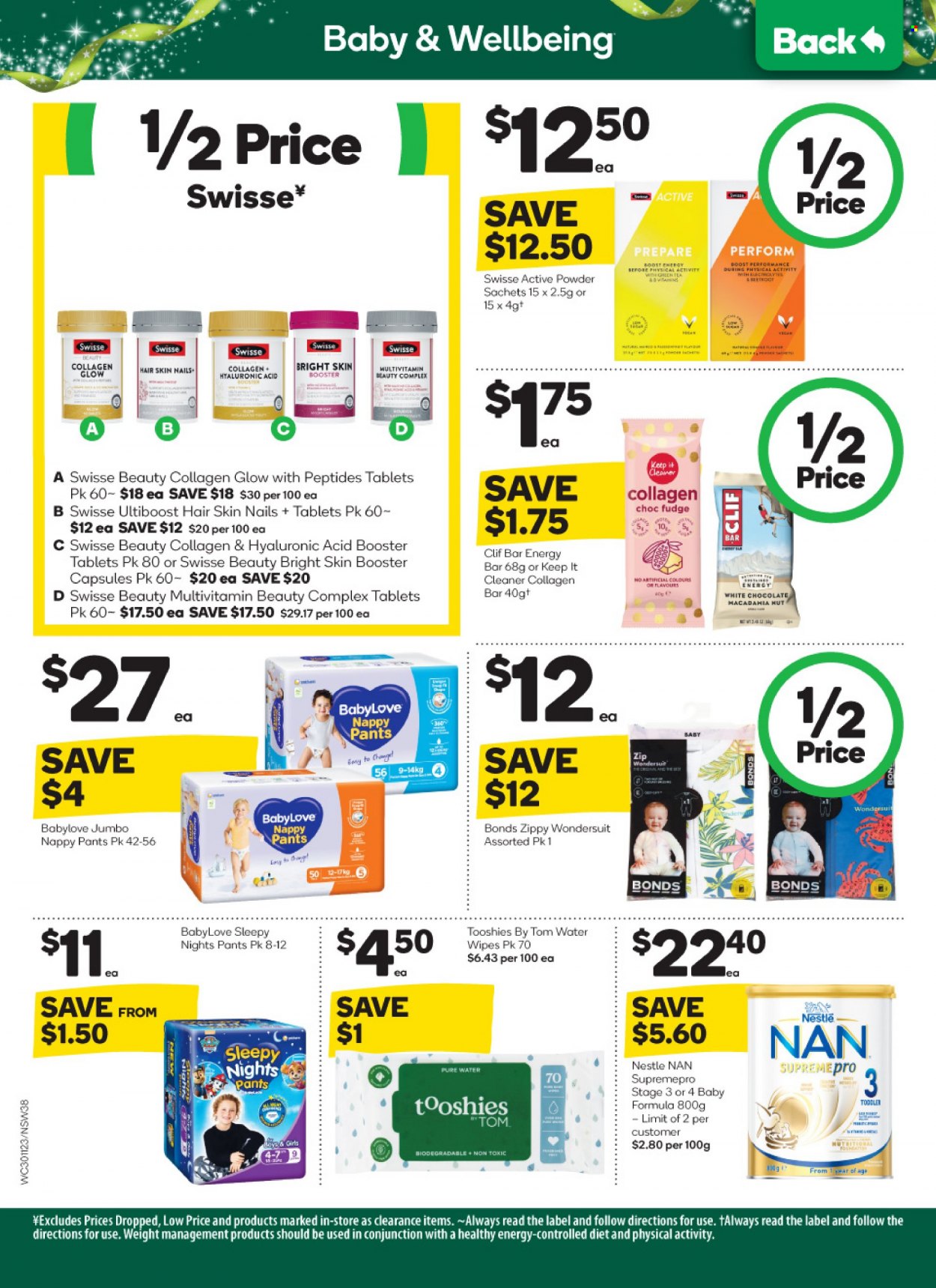 thumbnail - Woolworths Catalogue - 30 Nov 2022 - 6 Dec 2022 - Sales products - fudge, Nestlé, white chocolate, chocolate, purified water, Nestlé NAN, wipes, pants, nappies, BabyLove, cleaner, Swisse, Bonds, multivitamin. Page 38.