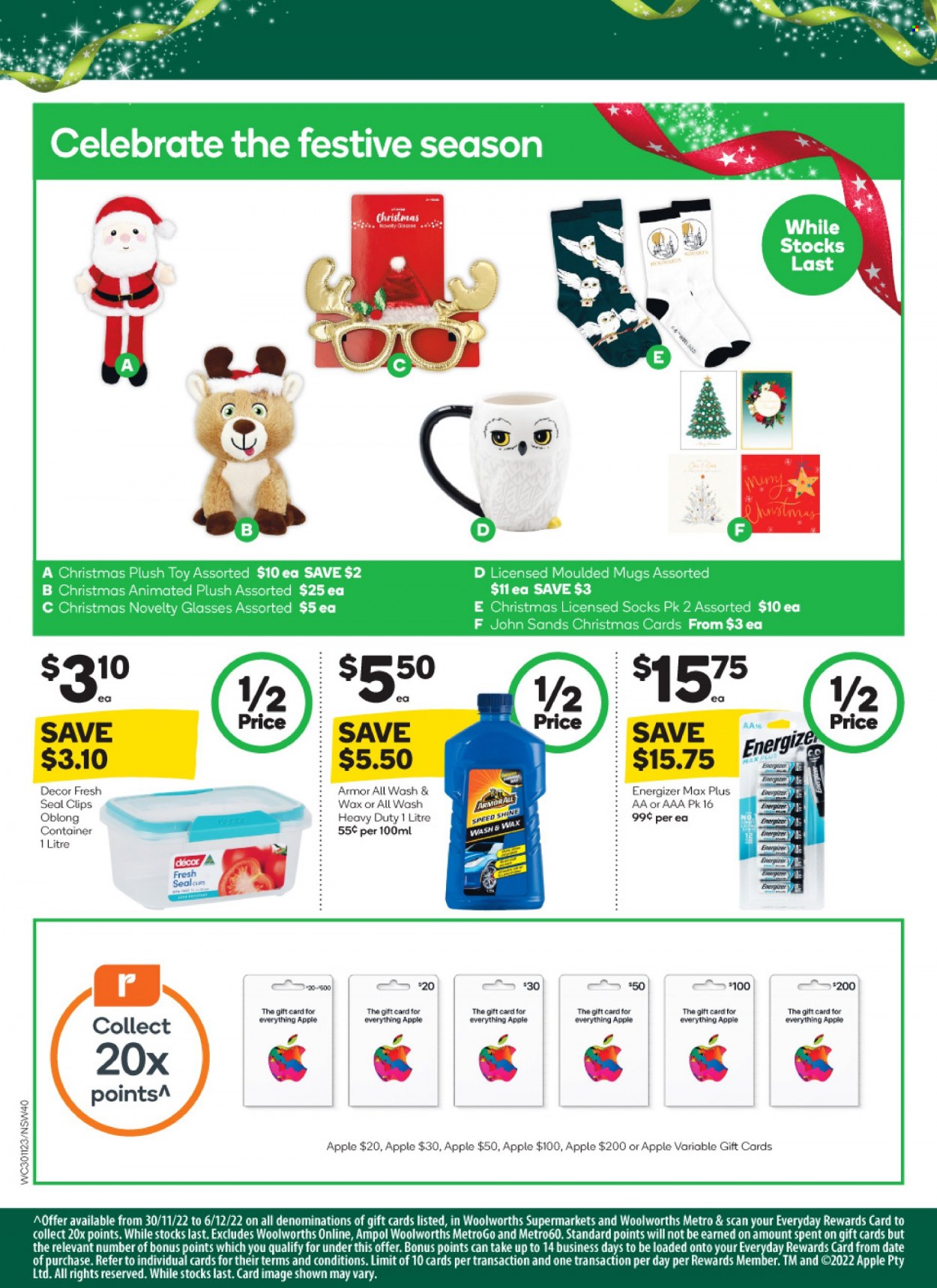 thumbnail - Woolworths Catalogue - 30 Nov 2022 - 6 Dec 2022 - Sales products - container, Energizer, socks, toys, Armor All. Page 40.