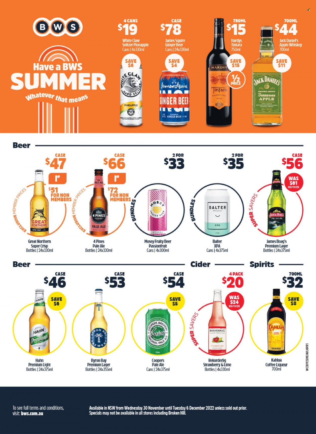 thumbnail - Woolworths Catalogue - 30 Nov 2022 - 6 Dec 2022 - Sales products - pineapple, Jack Daniel's, brewer, seltzer water, coffee, Kahlúa, liqueur, whiskey, Ron Pelicano, White Claw, whisky, cider, beer, Lager, Hahn, ginger beer. Page 46.