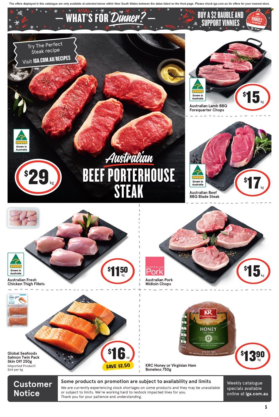 thumbnail - IGA Catalogue - 30 Nov 2022 - 6 Dec 2022 - Sales products - salmon, ham, leg ham, steak, bauble. Page 5.
