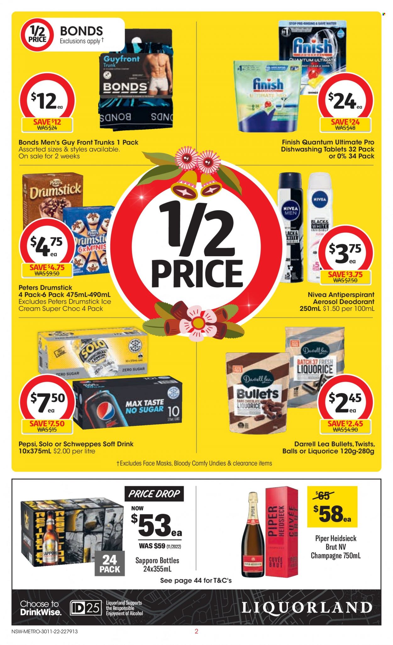 thumbnail - Coles Catalogue - 30 Nov 2022 - 6 Dec 2022 - Sales products - ice cream, Schweppes, Pepsi, soft drink, champagne, Nivea, Finish Powerball, Finish Quantum Ultimate, face mask, anti-perspirant, deodorant. Page 2.