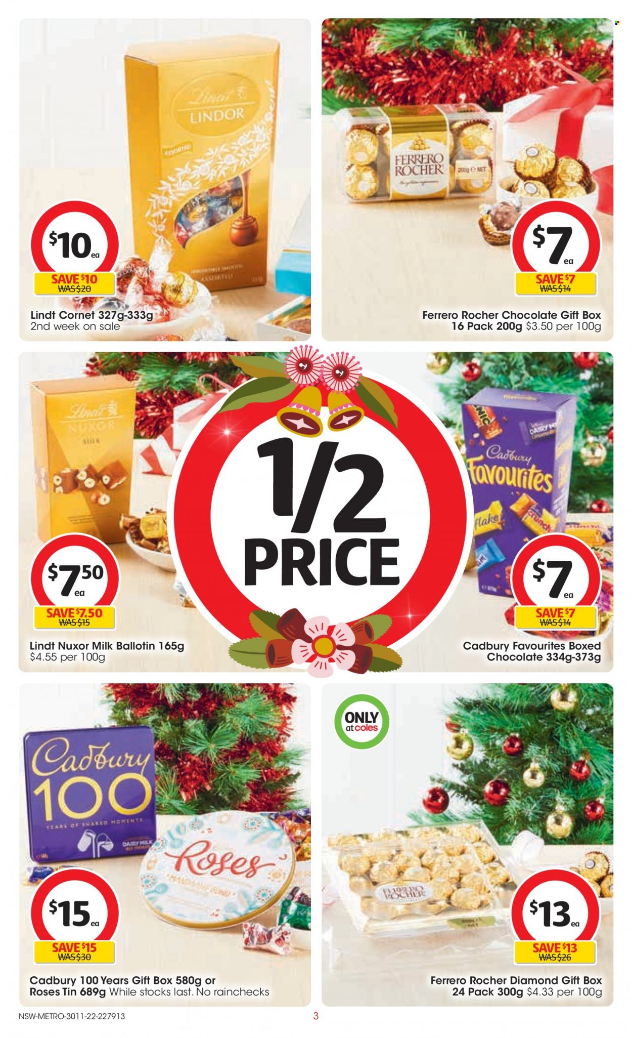 thumbnail - Coles Catalogue - 30 Nov 2022 - 6 Dec 2022 - Sales products - chocolate, Lindt, Lindor, Ferrero Rocher, Cadbury, Dairy Milk, rose. Page 3.