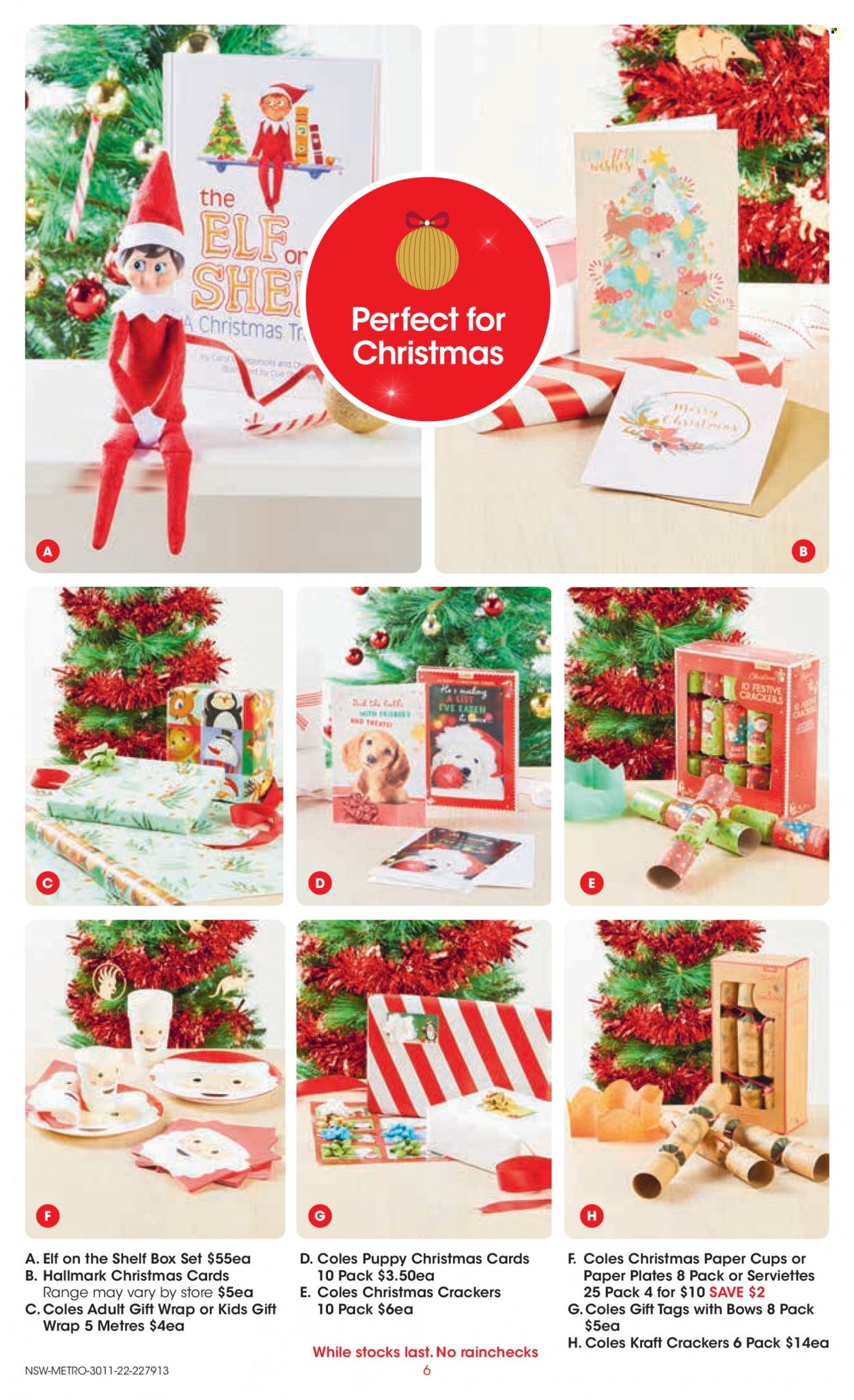 thumbnail - Coles Catalogue - 30 Nov 2022 - 6 Dec 2022 - Sales products - Kraft®, potato fries, crackers, plate, cup, gift wrap, christmas crackers, party cups, paper plate. Page 6.