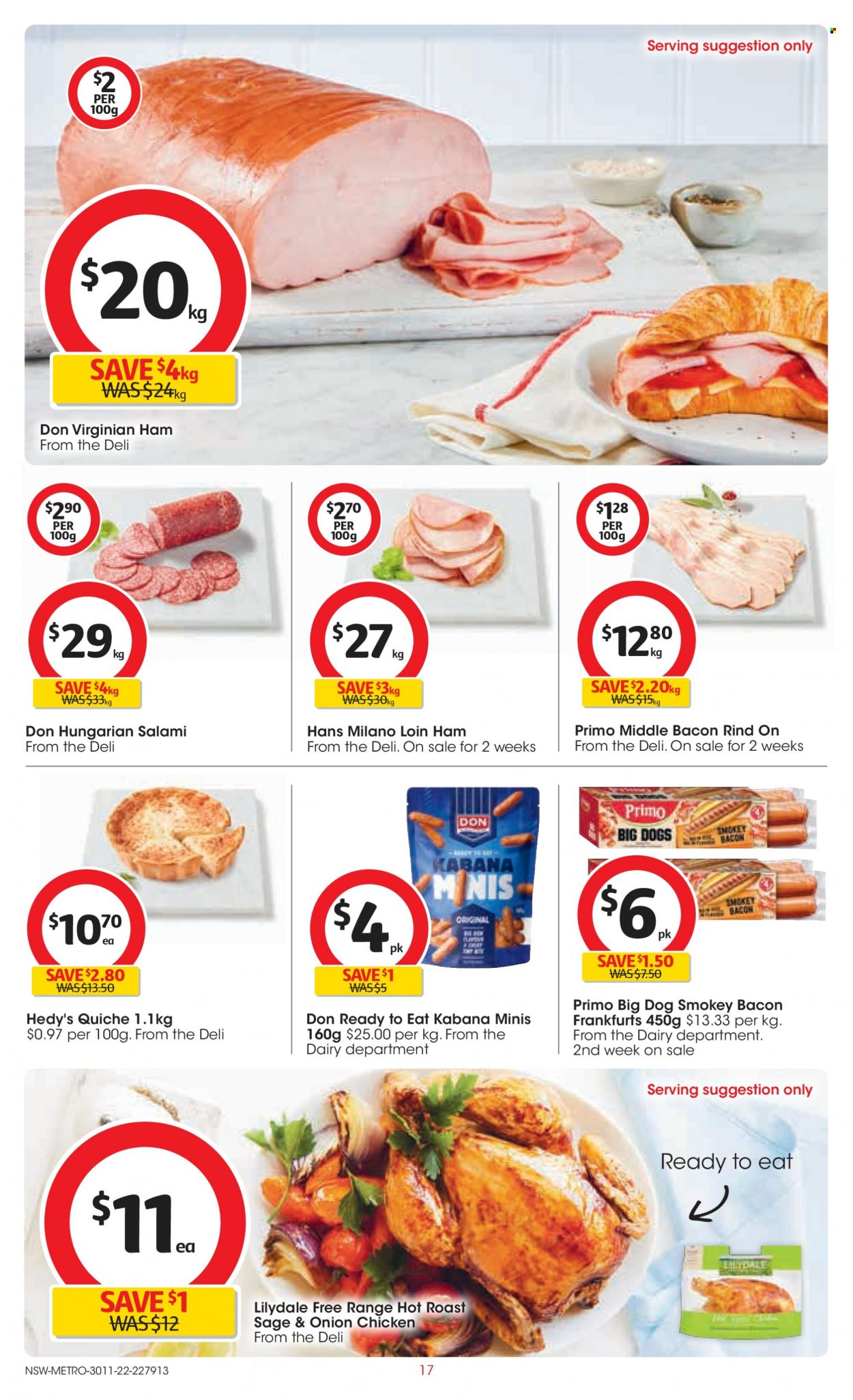 thumbnail - Coles Catalogue - 30 Nov 2022 - 6 Dec 2022 - Sales products - bacon, salami, ham, quiche. Page 17.