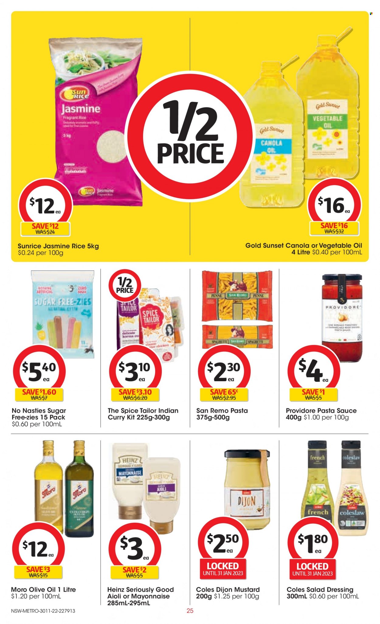 thumbnail - Coles Catalogue - 30 Nov 2022 - 6 Dec 2022 - Sales products - coleslaw, pasta sauce, sauce, mayonnaise, Heinz, rice, jasmine rice, penne, spice, mustard, salad dressing, dressing, canola oil, olive oil, oil. Page 25.