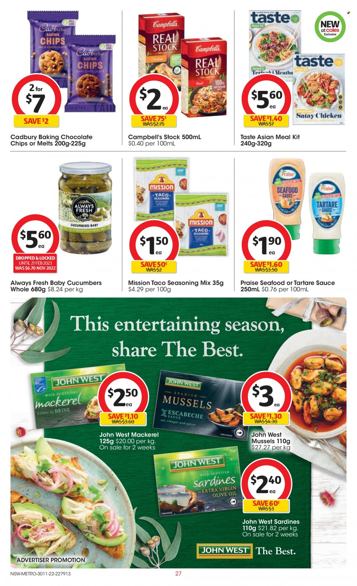 thumbnail - Coles Catalogue - 30 Nov 2022 - 6 Dec 2022 - Sales products - cucumber, mackerel, mussels, sardines, seafood, Campbell's, sauce, dark chocolate, Cadbury, baking chips, spice, extra virgin olive oil, oil. Page 27.