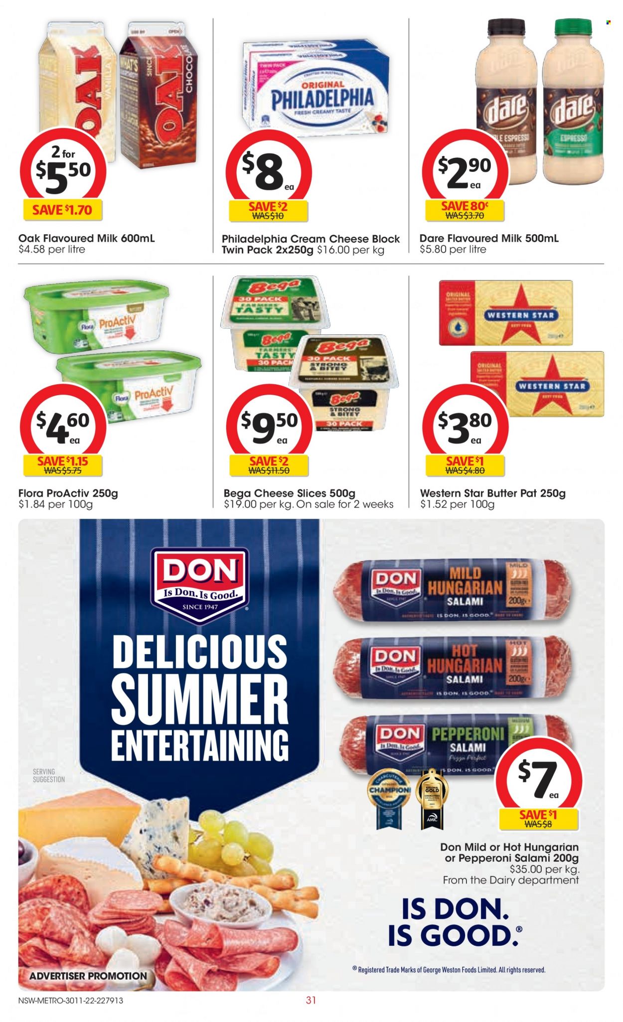 thumbnail - Coles Catalogue - 30 Nov 2022 - 6 Dec 2022 - Sales products - salami, pepperoni, cream cheese, sliced cheese, Philadelphia, cheese, Western Star, milk, flavoured milk, butter, Flora. Page 31.