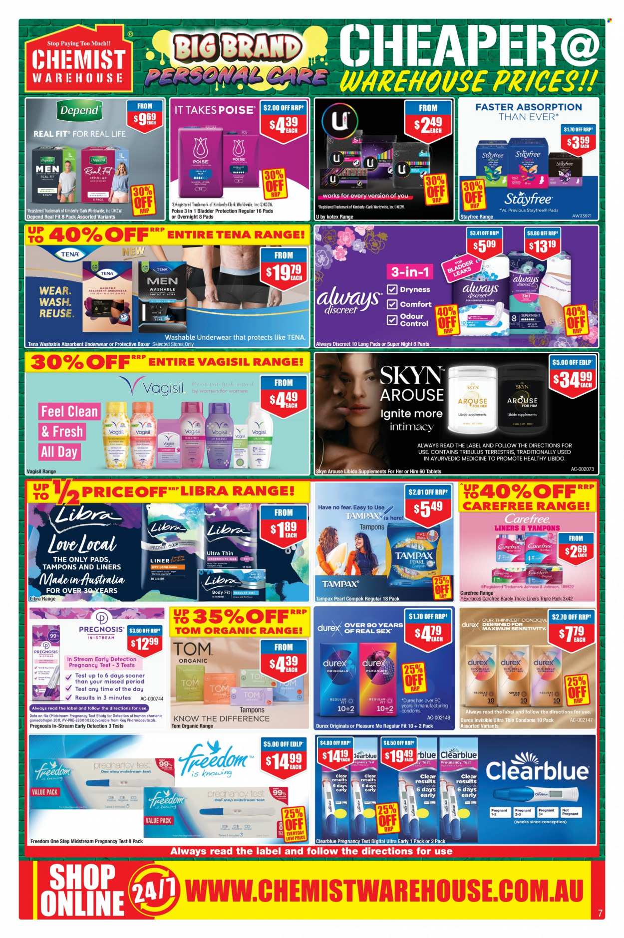 thumbnail - Chemist Warehouse Catalogue - 28 Nov 2022 - 11 Dec 2022 - Sales products - pants, Stayfree, Tampax, Always Discreet, Carefree, Kotex, tampons, pregnancy test. Page 7.
