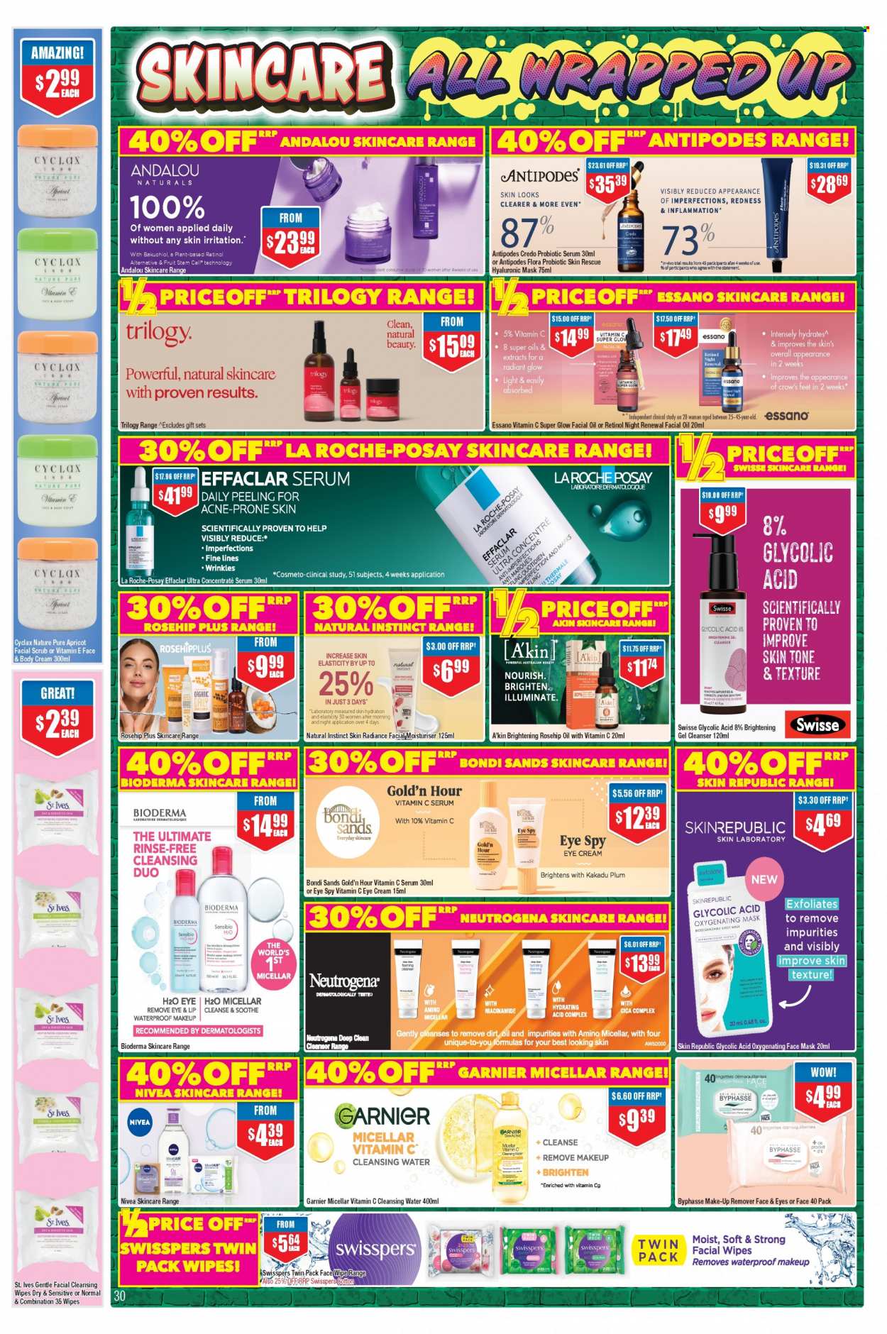 thumbnail - Chemist Warehouse Catalogue - 28 Nov 2022 - 11 Dec 2022 - Sales products - cleansing wipes, wipes, Nivea, Ace, Swisse, cleanser, Garnier, La Roche-Posay, micellar water, Neutrogena, serum, face mask, eye cream, Bondi Sands, Niacinamide, rosehip oil, facial oil, Essano, makeup remover. Page 30.