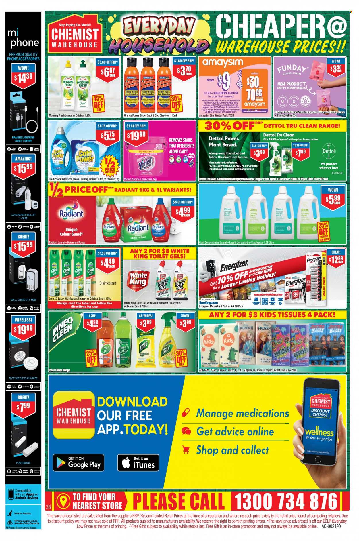 thumbnail - Chemist Warehouse Catalogue - 28 Nov 2022 - 11 Dec 2022 - Sales products - wipes, Disney, Dettol, tissues, detergent, cleaner, desinfection, stain remover, Vanish, laundry detergent. Page 38.