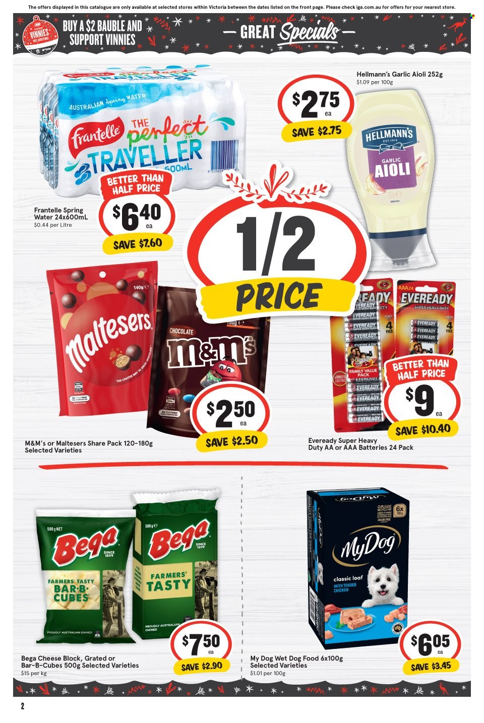 thumbnail - IGA Catalogue - 30 Nov 2022 - 6 Dec 2022 - Sales products - garlic, cheese, Hellmann’s, chocolate, M&M's, Maltesers, Victoria Sponge, spring water, bauble, battery, AAA batteries, Eveready, animal food, dog food, wet dog food. Page 3.