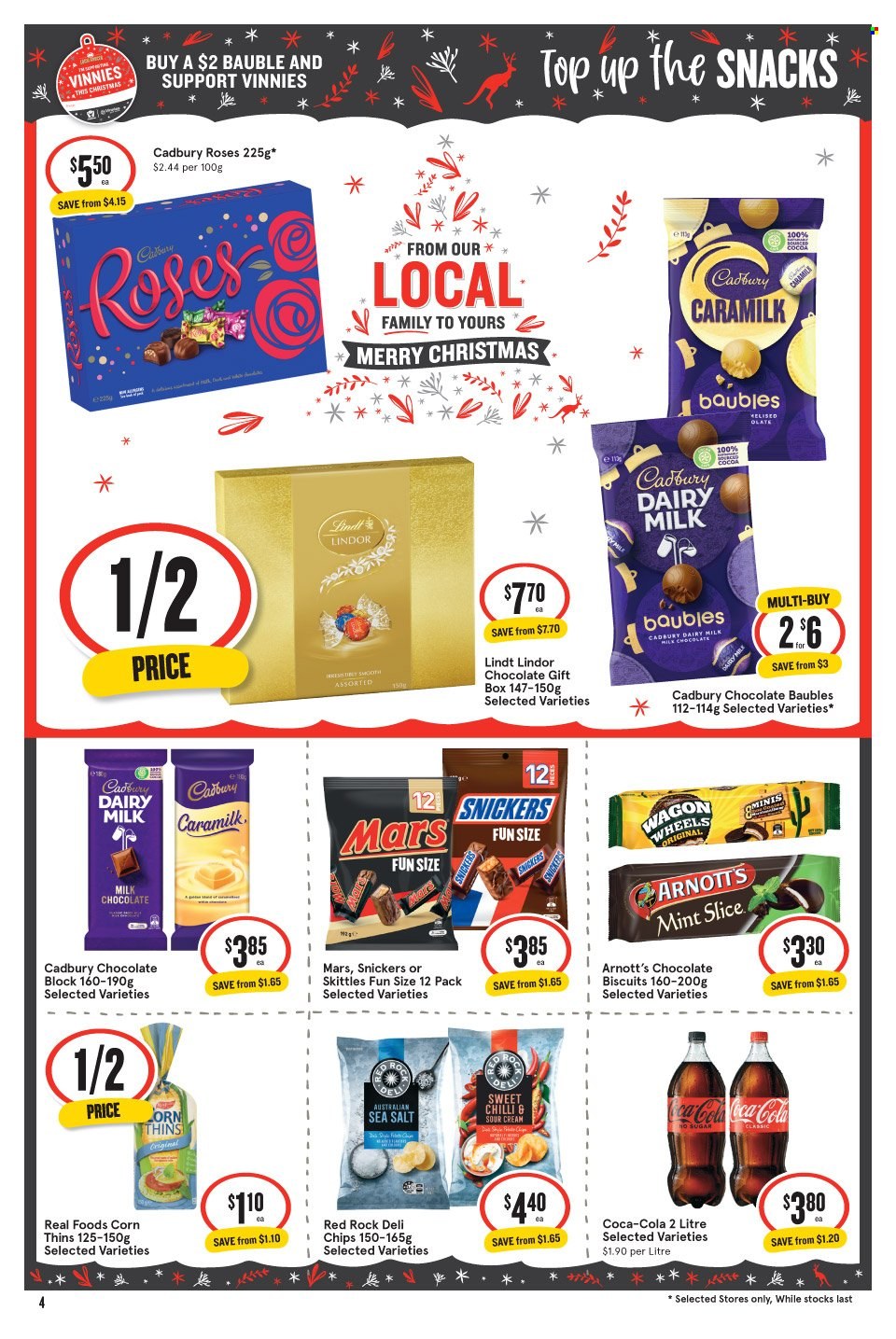 thumbnail - IGA Catalogue - 30 Nov 2022 - 6 Dec 2022 - Sales products - Corn Thins, corn, sour cream, milk chocolate, chocolate, snack, Lindt, Lindor, Snickers, Mars, biscuit, Cadbury, Cadbury Roses, Dairy Milk, Skittles, chips, Thins, Coca-Cola, bauble. Page 5.
