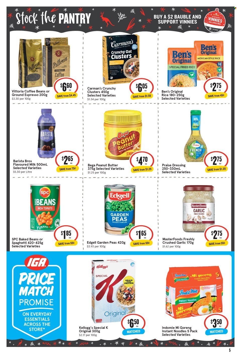 thumbnail - IGA Catalogue - 30 Nov 2022 - 6 Dec 2022 - Sales products - garlic, peas, instant noodles, noodles, milk, flavoured milk, chocolate, Kellogg's, oats, baked beans, dressing, peanut butter, coffee beans, bauble. Page 6.