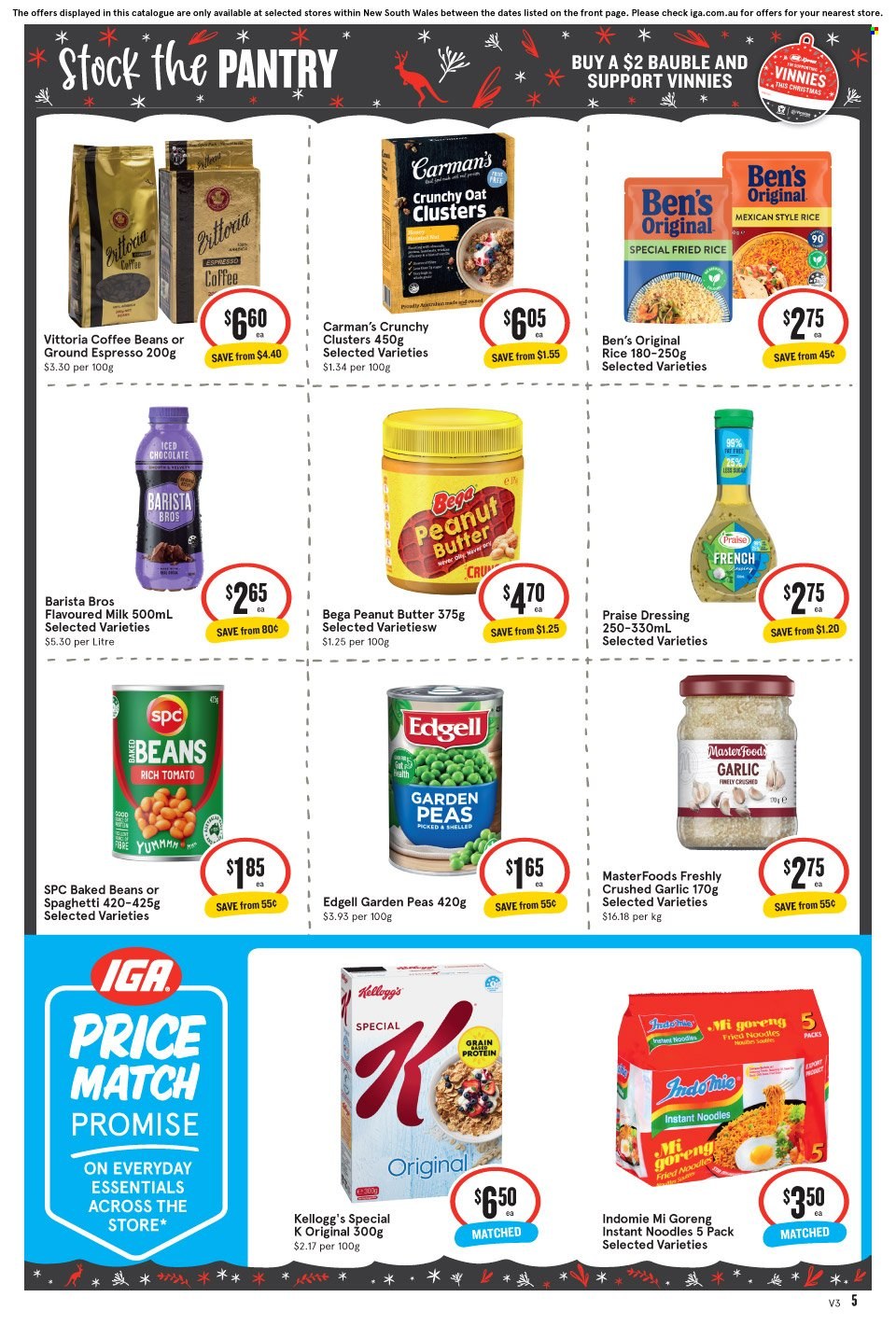 thumbnail - IGA Xpress Catalogue - 30 Nov 2022 - 6 Dec 2022 - Sales products - garlic, peas, instant noodles, noodles, milk, flavoured milk, chocolate, Kellogg's, oats, baked beans, dressing, peanut butter, coffee beans, bauble. Page 6.