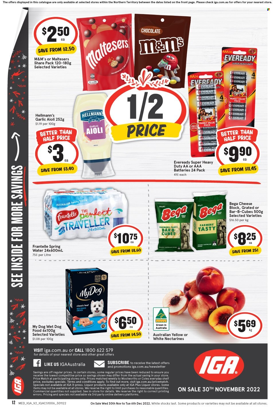 thumbnail - IGA Catalogue - 30 Nov 2022 - 6 Dec 2022 - Sales products - garlic, nectarines, cheese, Hellmann’s, chocolate, M&M's, Maltesers, spring water, battery, AAA batteries, Eveready, animal food, dog food, wet dog food. Page 2.