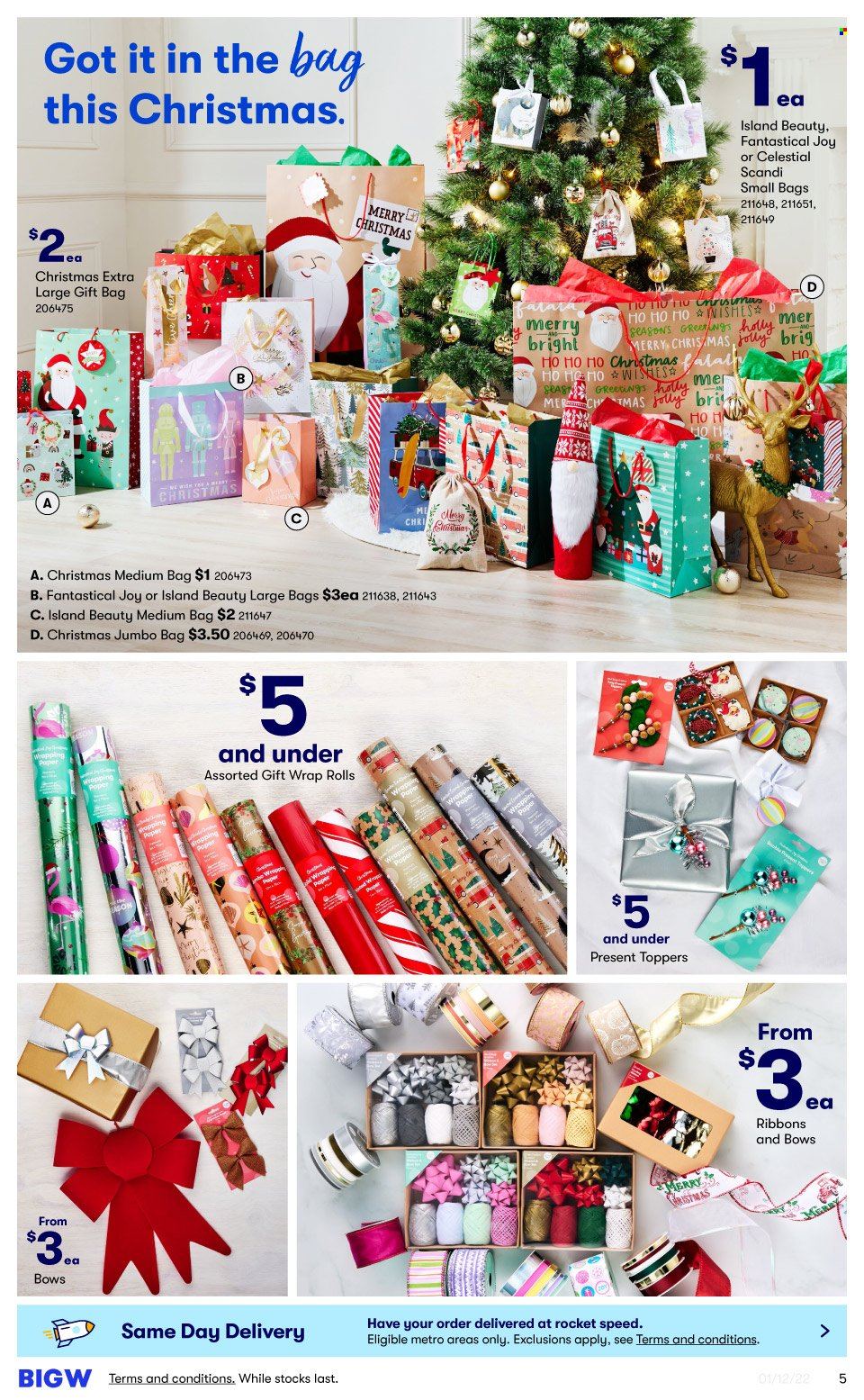 thumbnail - BIG W Catalogue - Sales products - Joy, gift wrap, gift bag, ribbon, rocket. Page 5.