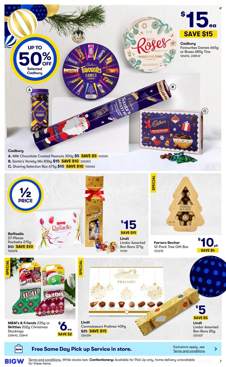 thumbnail - BIG W Catalogue - Sales products - milk chocolate, pralines, chocolate, Lindt, Lindor, Ferrero Rocher, M&M's, Raffaello, Santa, Cadbury, Skittles, sticker, gift box, Lee, stockings, rose. Page 7.