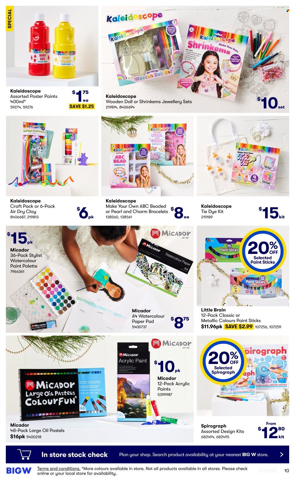thumbnail - BIG W Catalogue - Sales products - Palette, spirograph, paper, oil pastels, watercolour, bracelet, doll. Page 10.