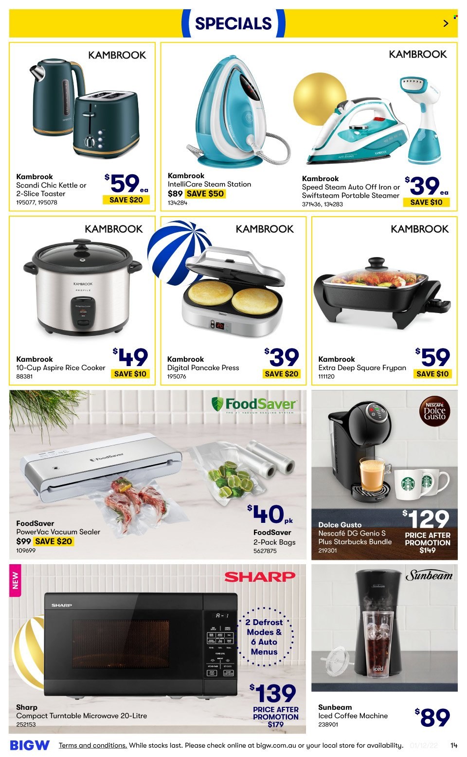 thumbnail - BIG W Catalogue - Sales products - vacuum sealer, rice cooker, cup, frying pan, Sharp, Sunbeam, microwave, coffee machine, Dolce Gusto, Kambrook, toaster, iron. Page 14.
