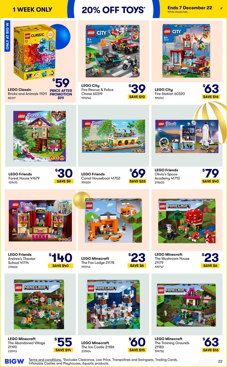 thumbnail - BIG W Catalogue - Sales products - Minecraft, trampoline, LEGO, LEGO City, LEGO Friends, LEGO Minecraft, toys, LEGO Classic, inflatable castle. Page 22.