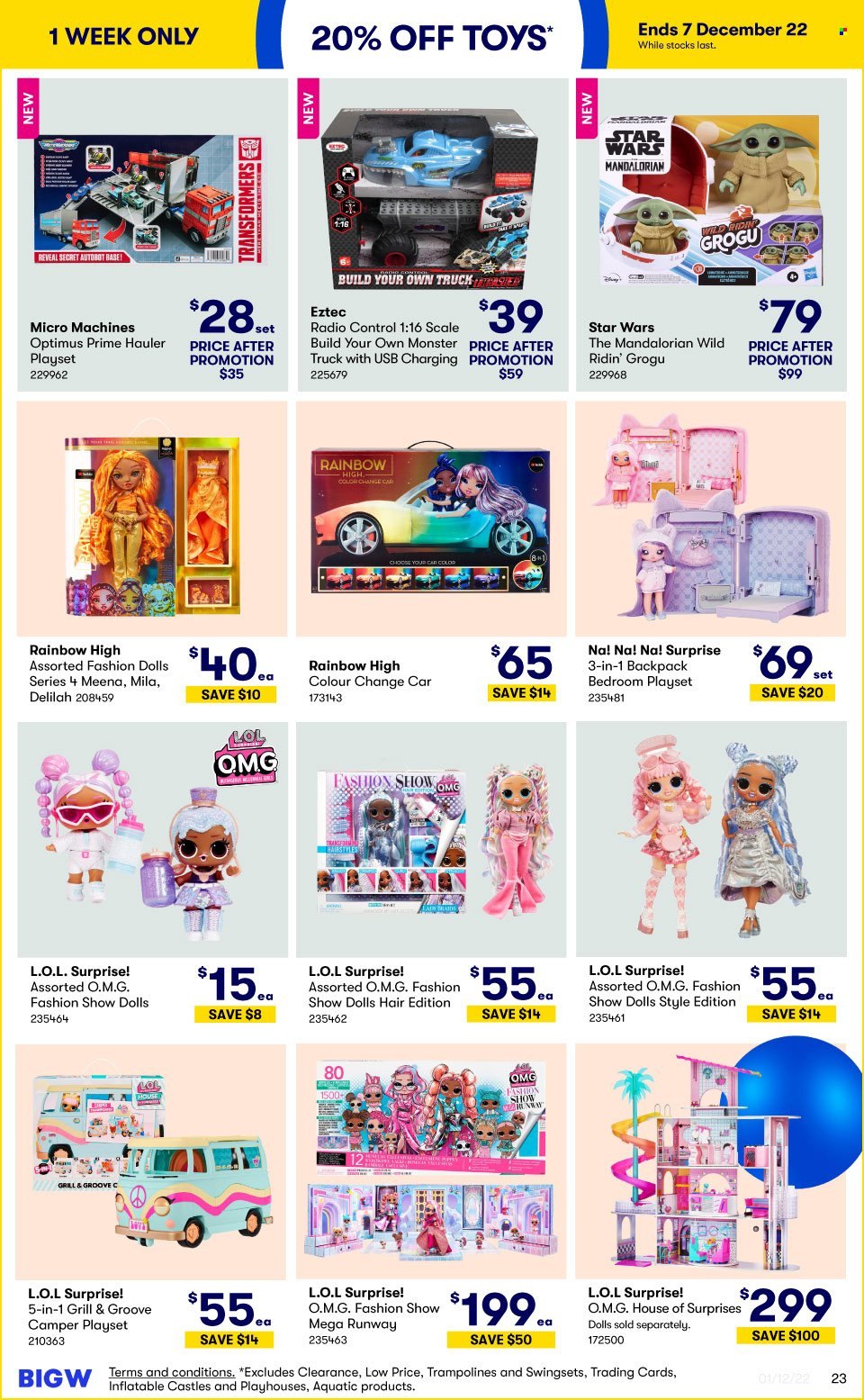 thumbnail - BIG W Catalogue - Sales products - scale, Monster, radio, backpack, trampoline, doll, play set, toys, autobot, L.O.L. Surprise, inflatable castle. Page 23.