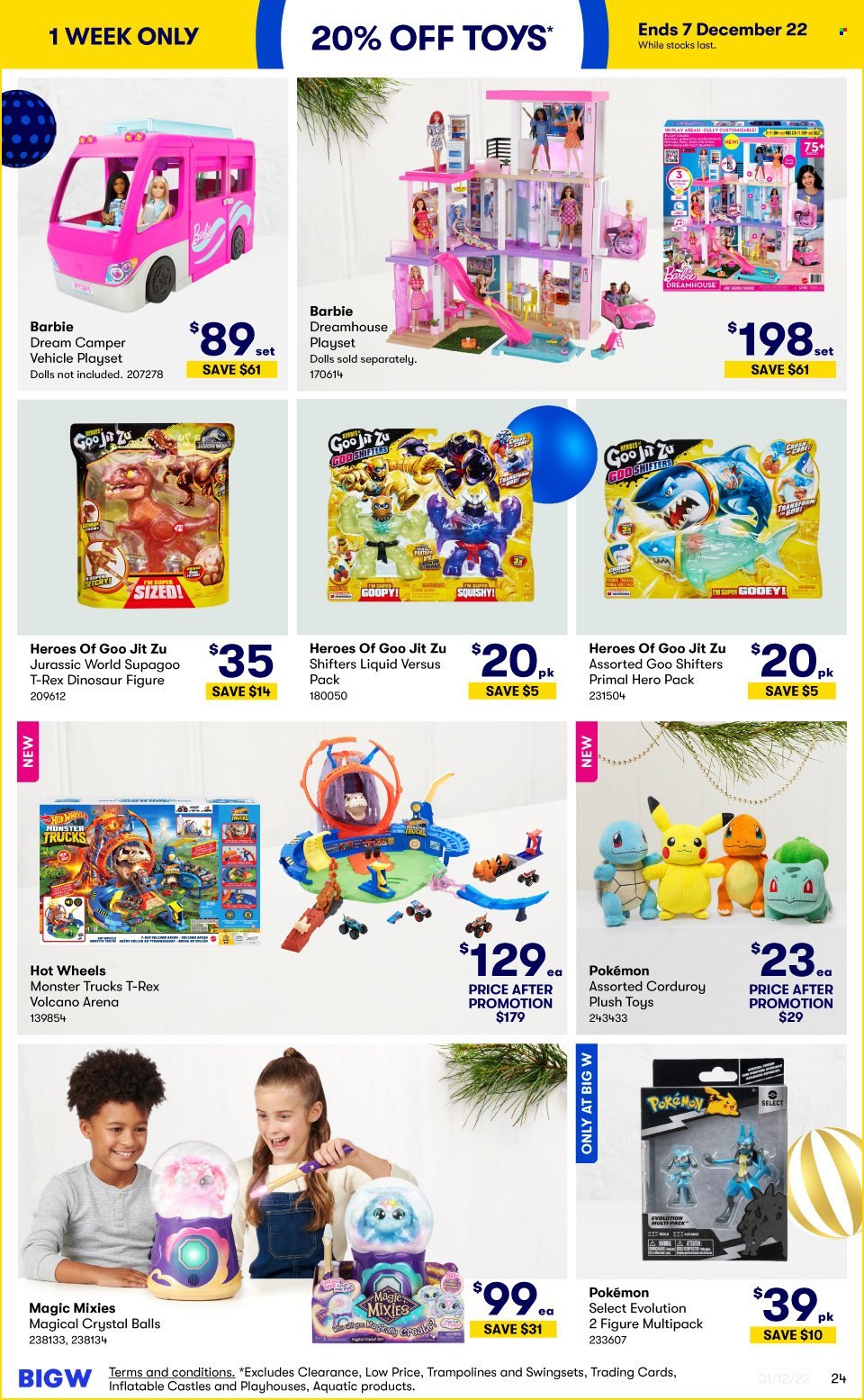 thumbnail - BIG W Catalogue - Sales products - Hot Wheels, Barbie, Pokémon, Primal, trampoline, doll, play set, toys, dinosaur, vehicle, Monster Trucks, inflatable castle. Page 24.